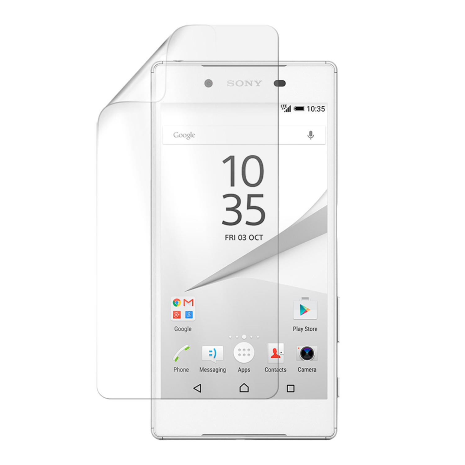 9eight5 hydrogel screen protector for Sony Xperia Z5, showing clear, thin film covering the phone screen with precise cutouts.