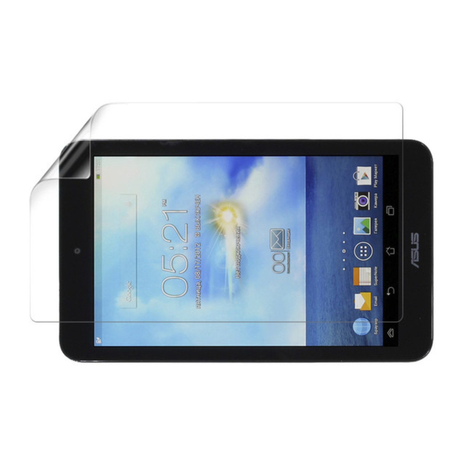 9eight5 hydrogel screen protector for Asus Memo Pad 8 ME180A, showing clear, flexible film covering the tablet screen.