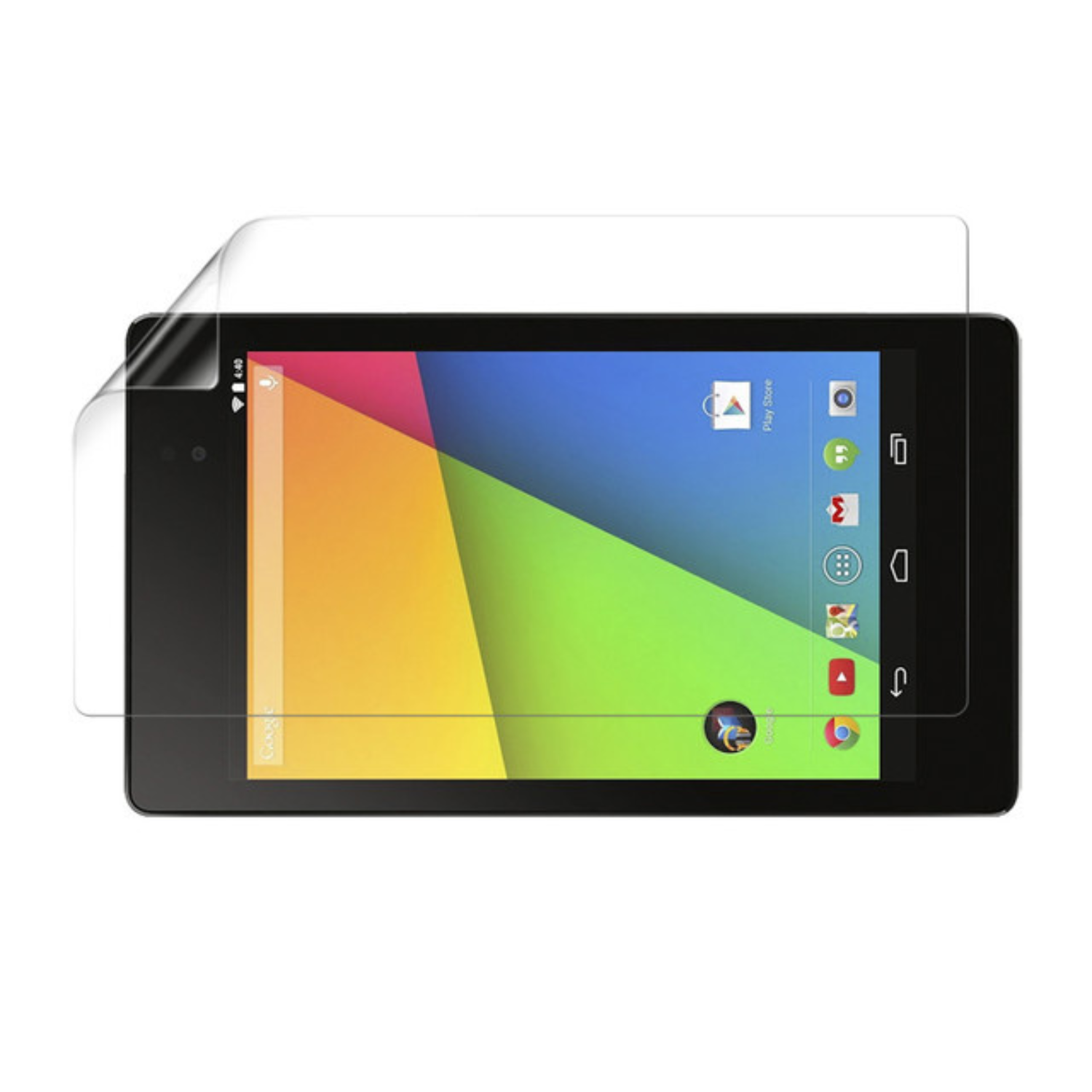 9eight5 hydrogel screen protector for Asus Google Nexus 7, close-up showing clear, flexible film covering the device screen