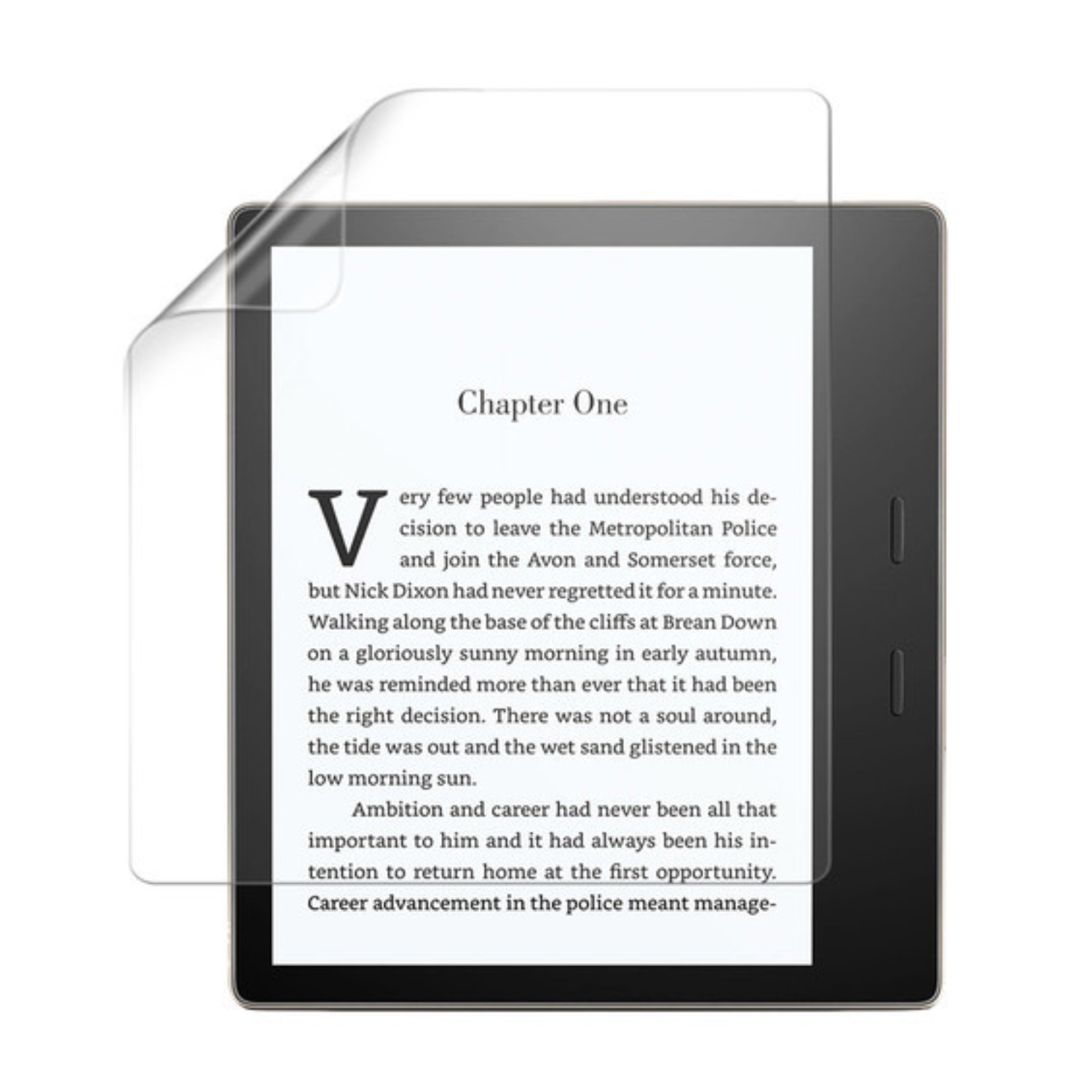 9eight5 Hydrogel screen protector for Kindle Oasis 2nd edition, showing clear, flexible film covering the device screen in a pack of two.