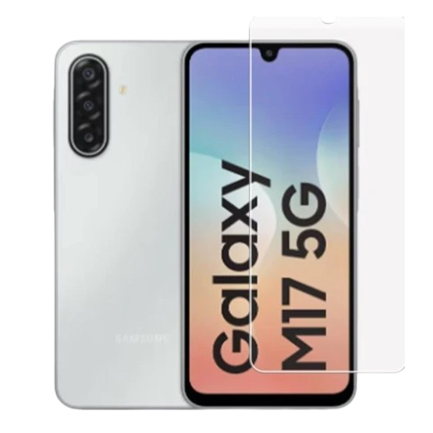 Hydrogel screen protector for Samsung Galaxy M17 5G by 9eight5, showing a clear, flexible protective layer over the phone screen