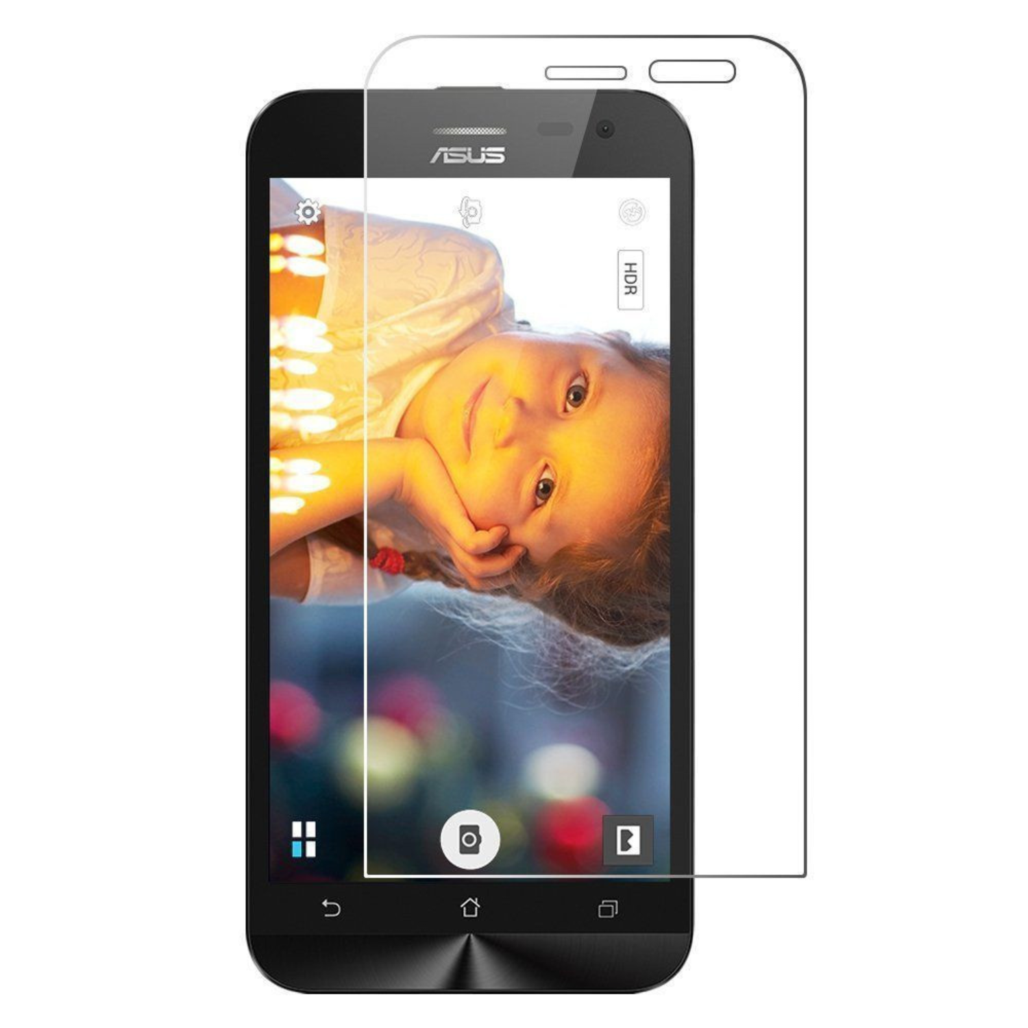 Two 9eight5 hydrogel screen protectors for Asus Zenfone 2 ZE550ML, showing clear, flexible protectors with precise cutouts.