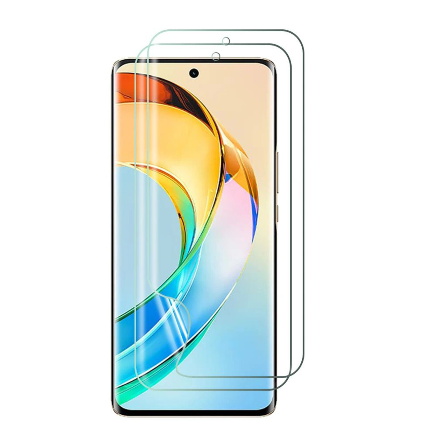 Two 9eight5 hydrogel screen protectors for Honor X50 smartphones, showing clear, flexible film with precise cutouts.