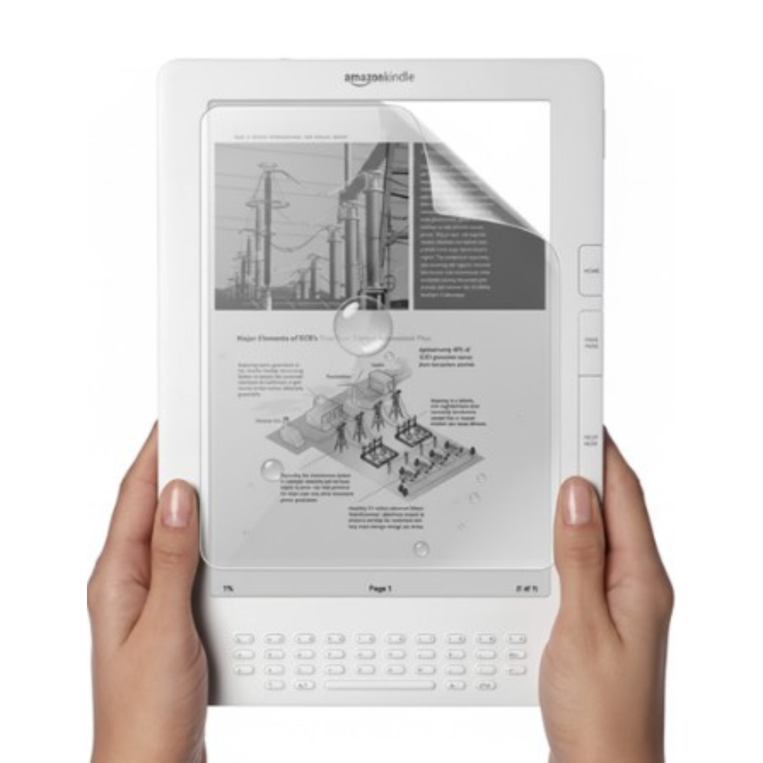 Two 9eight5 hydrogel screen protectors for Kindle DX international, designed to shield the e-reader screen from scratches and smudges.