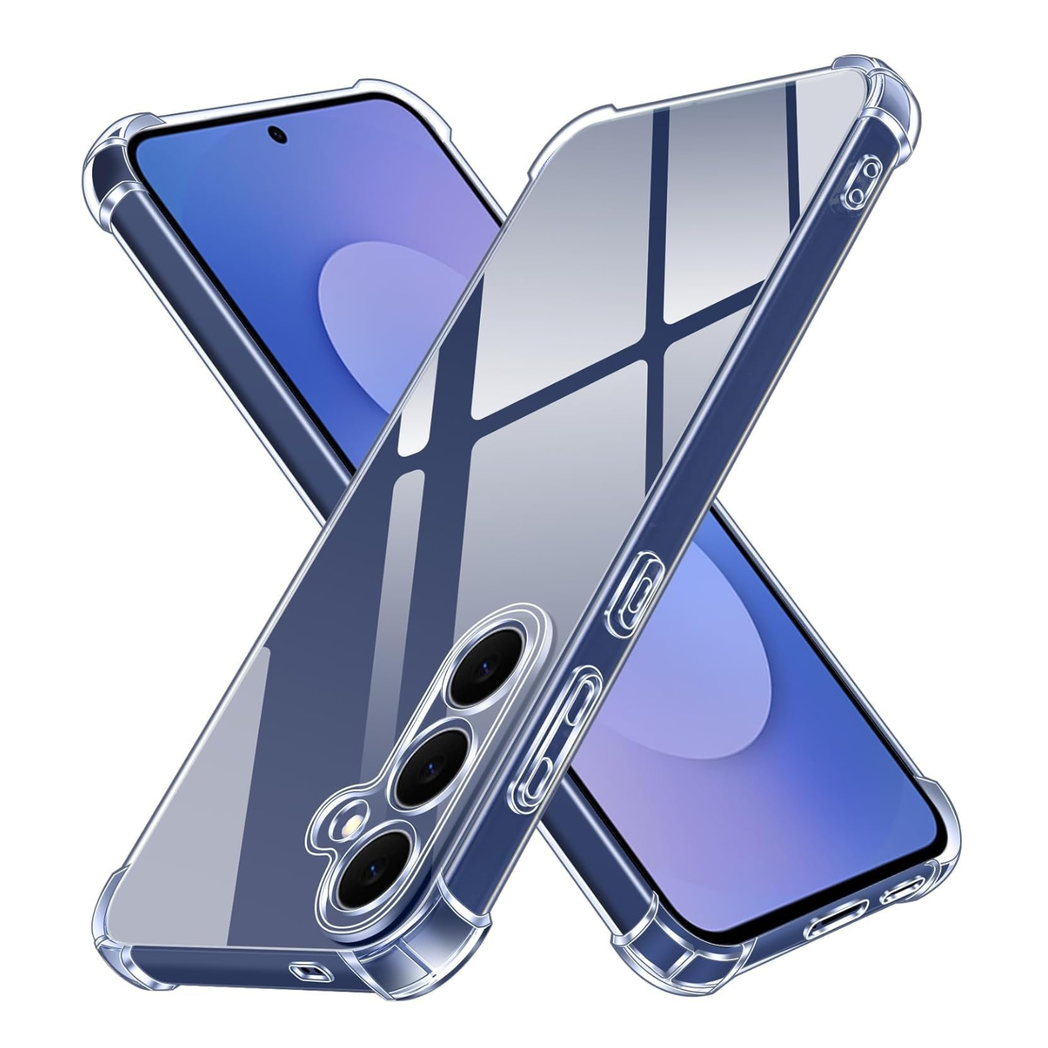 Clear silicone case for Samsung S26 Plus with built-in screen protector by 9eight5, showing the case fitted on the phone.