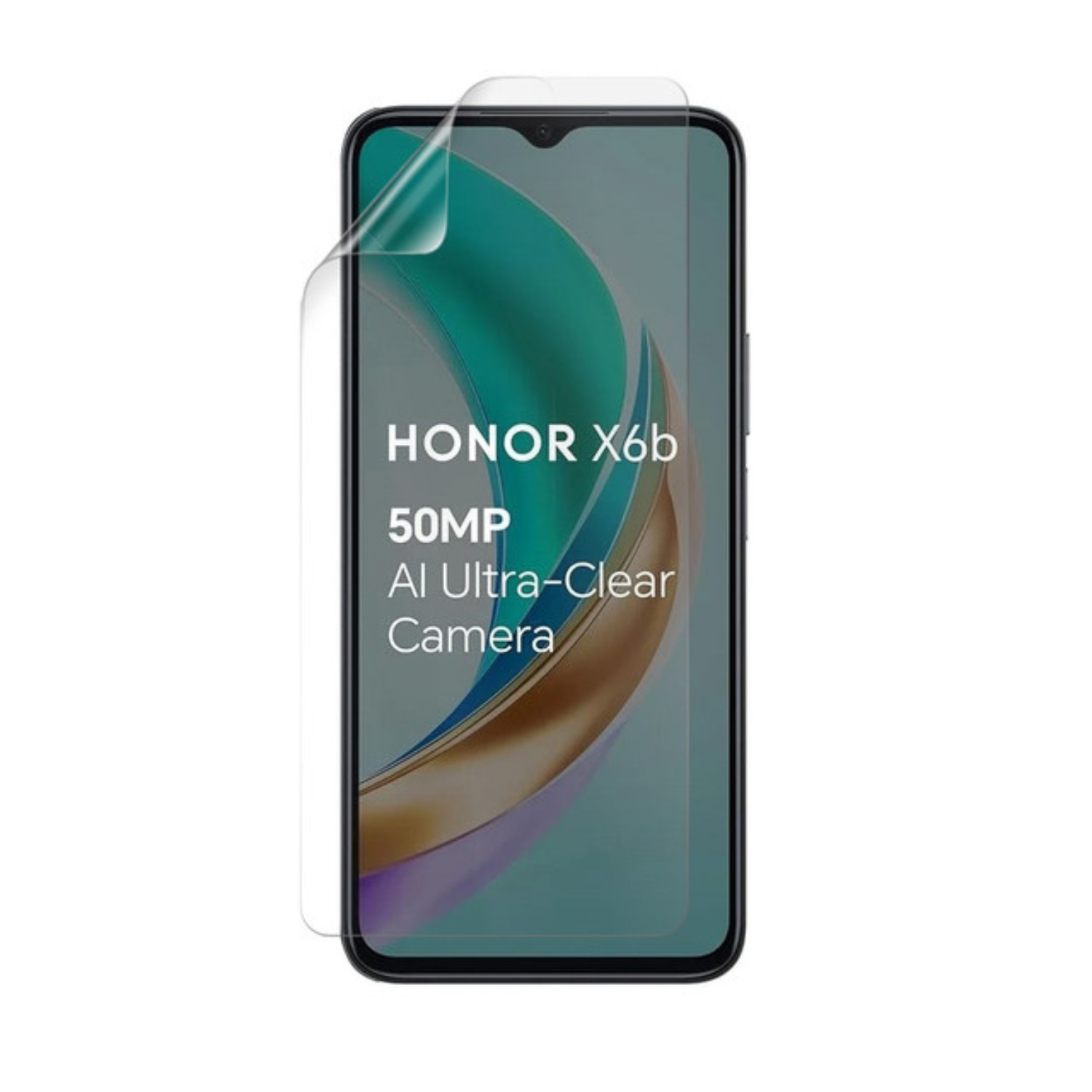 9eight5 hydrogel screen protector for Honor X6b showing a clear, precisely fitted layer covering the phone screen.
