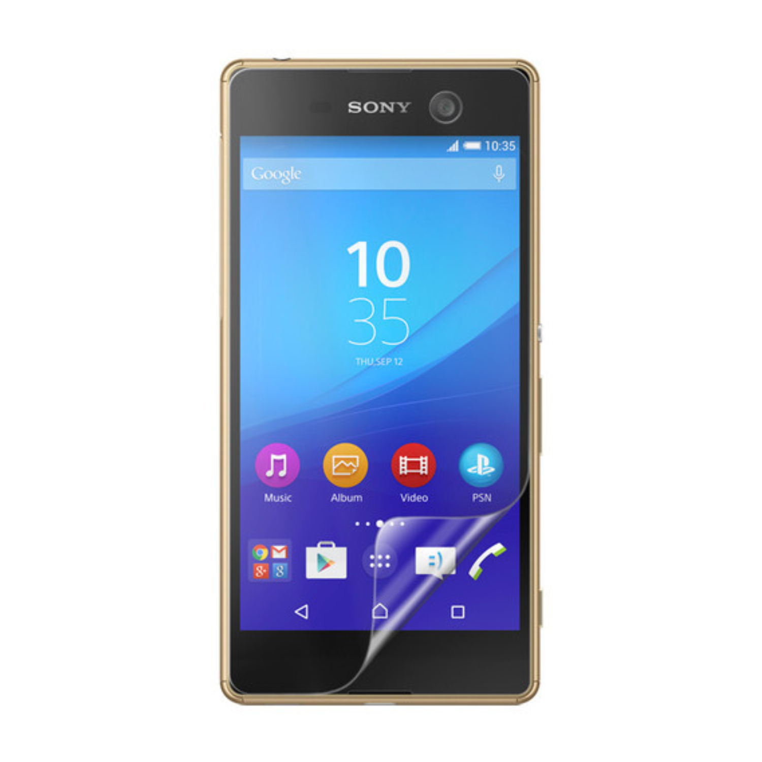 Hydrogel screen protector for Sony Xperia M5 Dual by 9eight5, showing a clear, flexible film fitting over the phone screen.