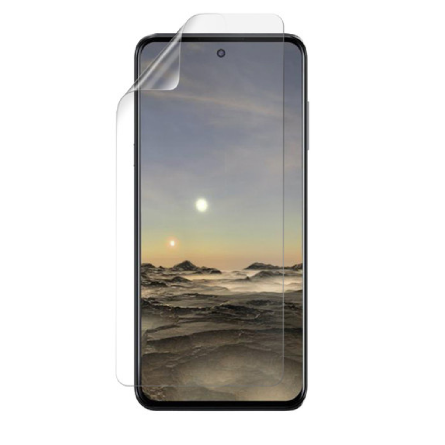 9eight5 Hydrogel screen protector for TCL 20L, clear and durable protective film applied to phone screen in close-up view.