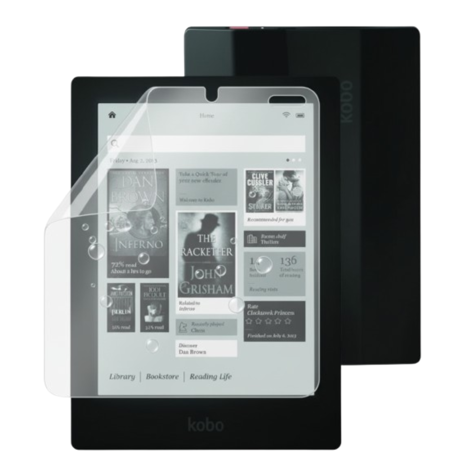 9eight5 Hydrogel screen protector for Kobo Aura HD, close-up of clear, flexible film covering the device screen.