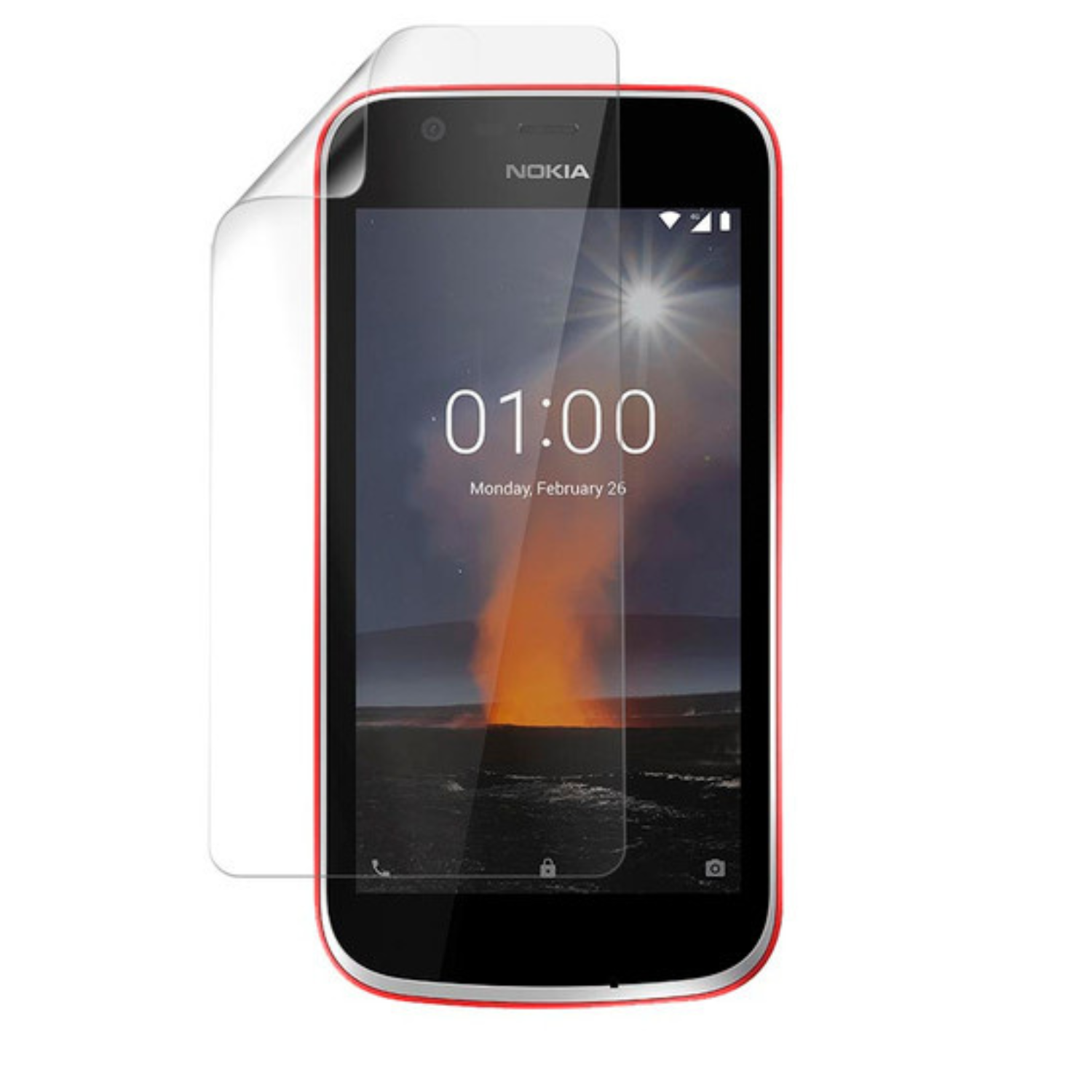 Two 9eight5 Hydrogel screen protectors for Nokia 1 smartphones, shown in clear packaging with application instructions.