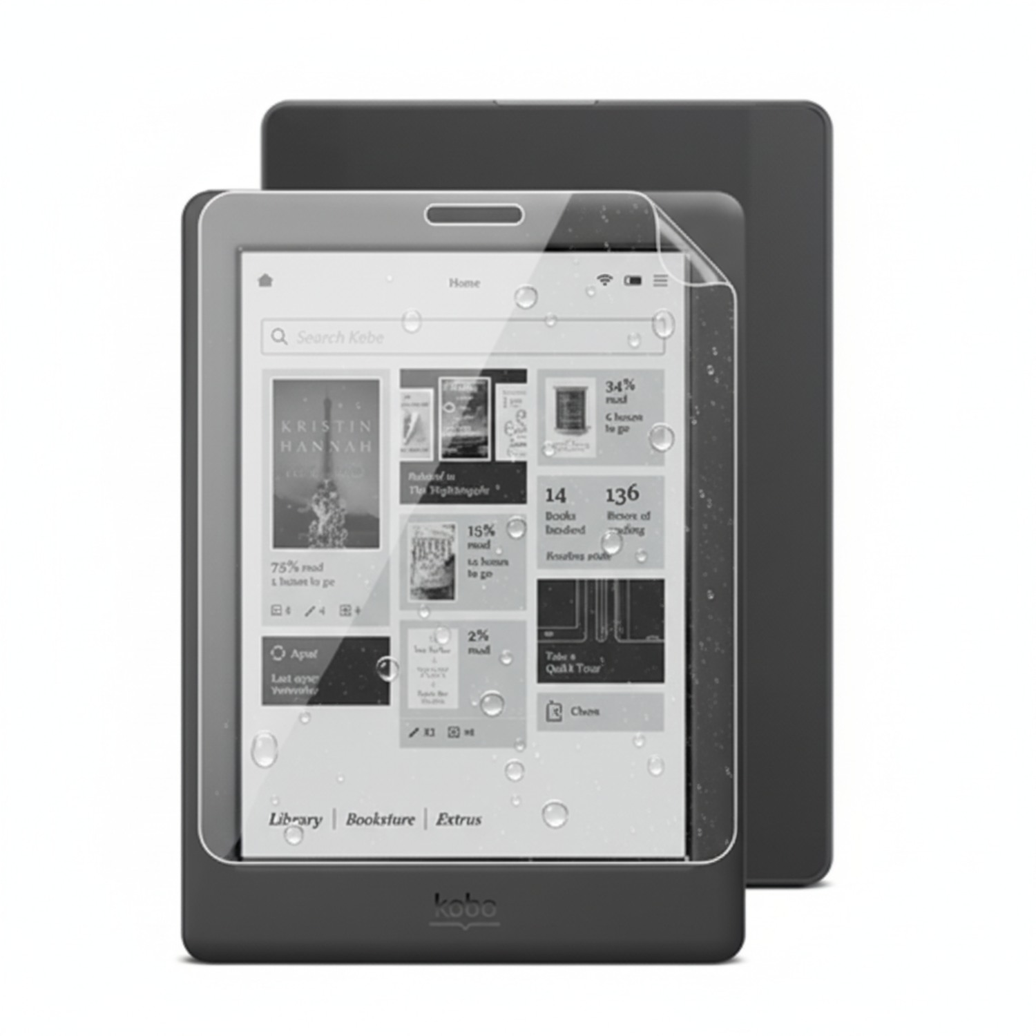 Two 9eight5 hydrogel screen protectors for Kobo Touch 2.0 e-reader, showing protective film and packaging details.
