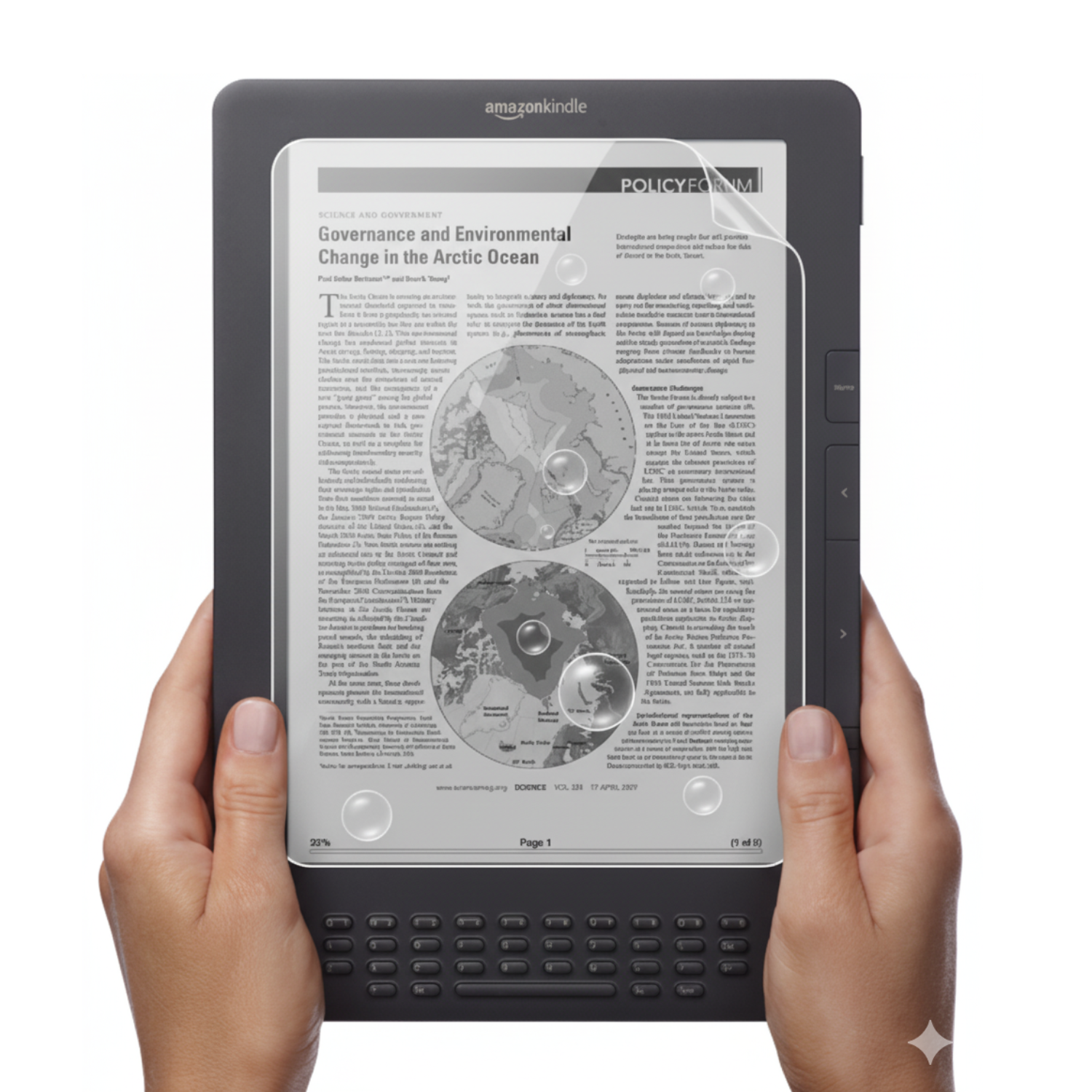 Hydrogel screen protector for Kindle DX Graphite by 9eight5, showing clear, flexible film covering the e-reader screen.
