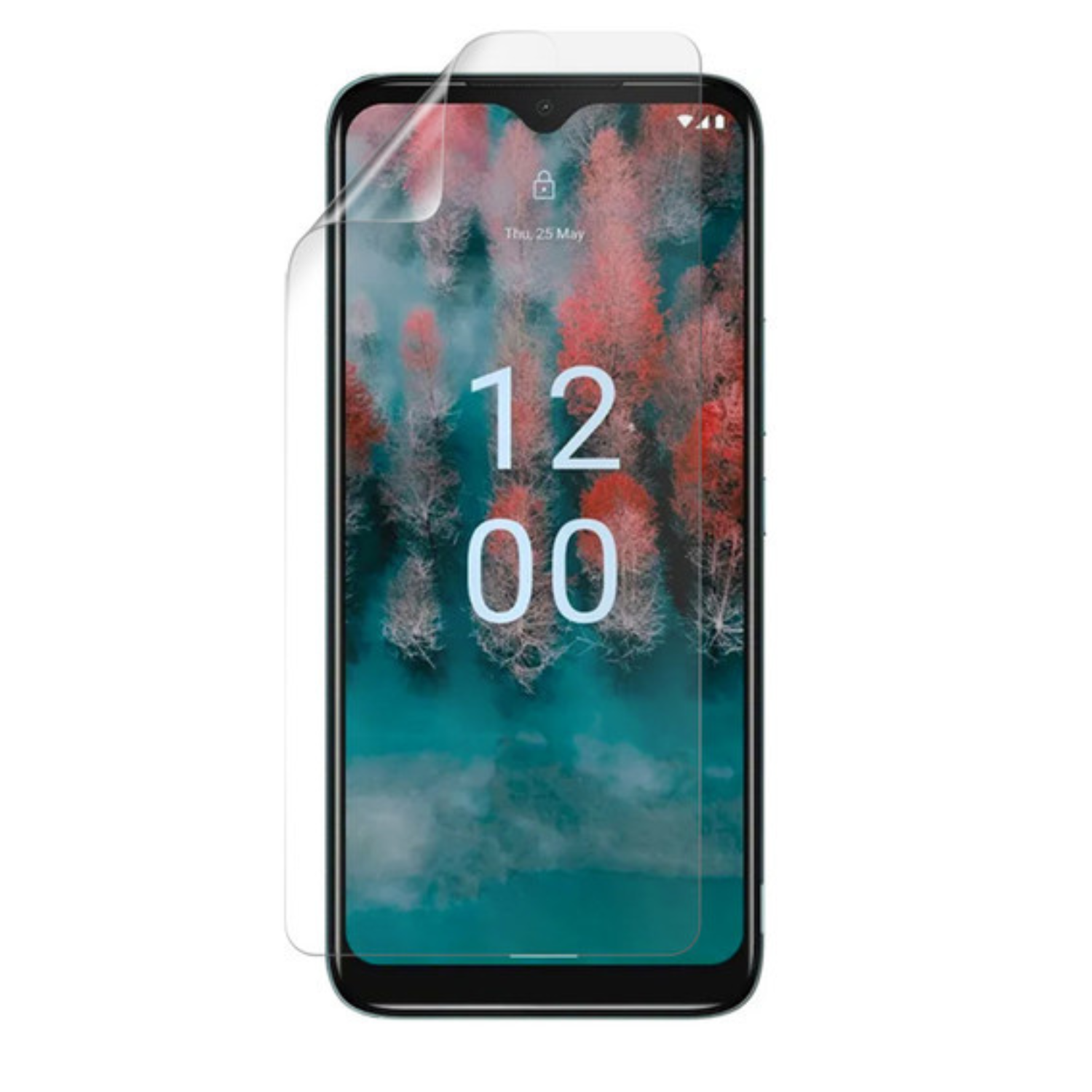 Hydrogel screen protector for Nokia C12 Plus by 9eight5, showing a clear film covering the phone screen for protection.