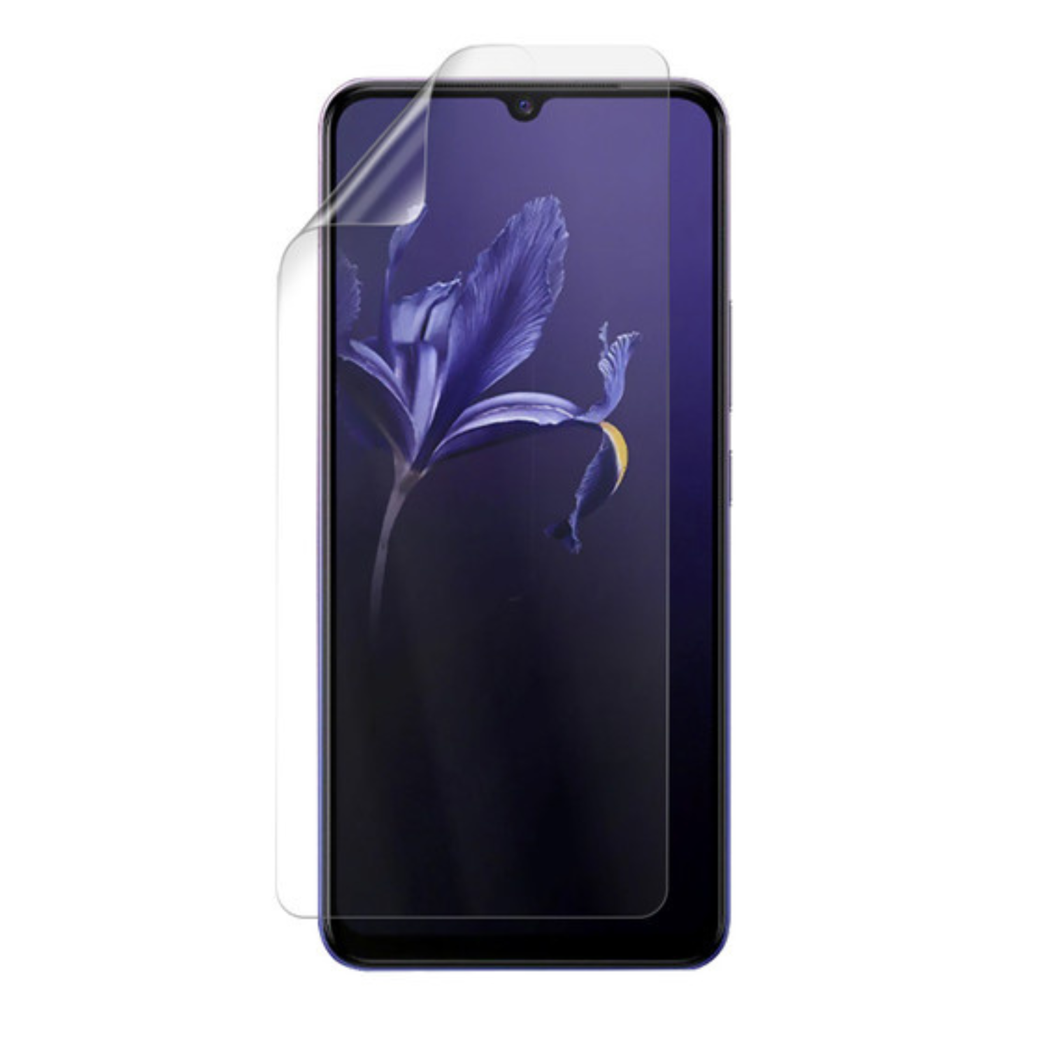 Clear hydrogel screen protector for Vivo V20 by 9eight5, showing a close-up of the transparent, edge-to-edge coverage on a smartphone screen.