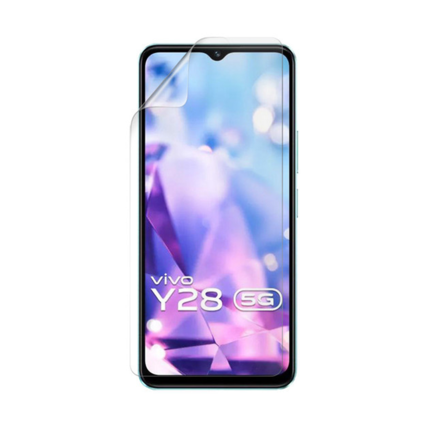 Clear hydrogel screen protector for Vivo Y28 5G by 9eight5, showing a close-up of the transparent, flexible film on a smartphone screen.