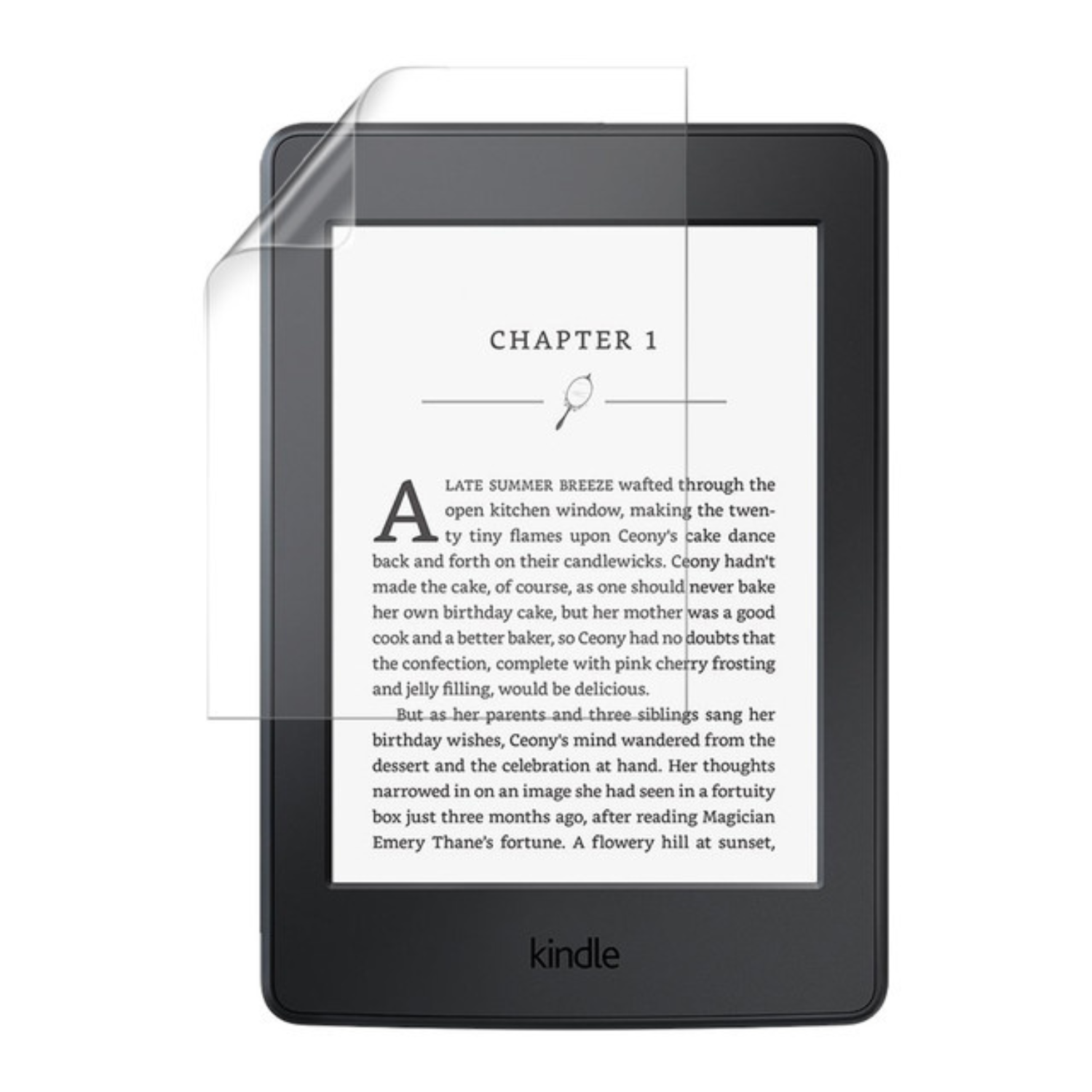 Hydrogel screen protector for Kindle Paperwhite 3rd generation, showing clear, flexible film fitted on e-reader screen by 9eight5.