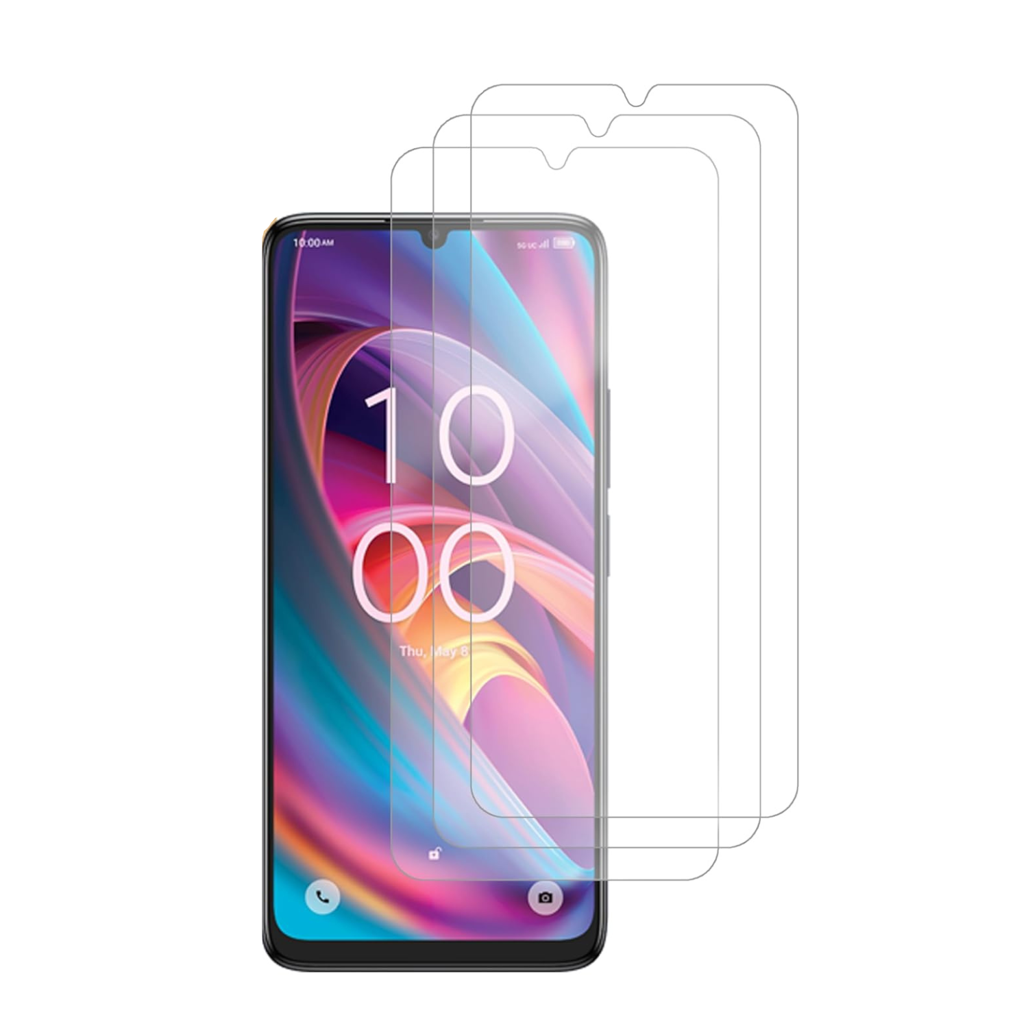 9eight5 hydrogel screen protector for TCL K32 5G, showing a clear, flexible film covering the phone screen for protection.