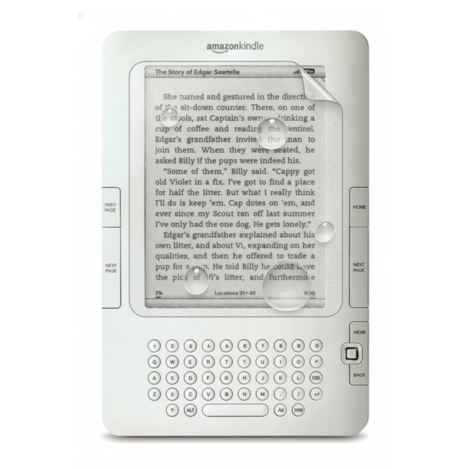 9eight5 hydrogel screen protector for Kindle 2, clear film covering the Kindle's screen for protection and clarity.