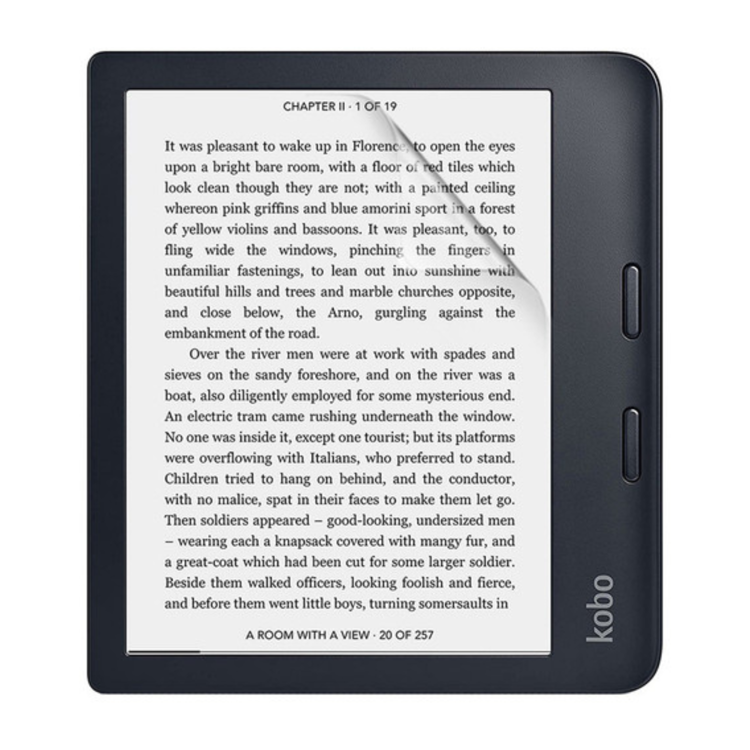 Hydrogel screen protector for Kobo Libra 2 by 9eight5, showing a clear, flexible film covering the e-reader screen.