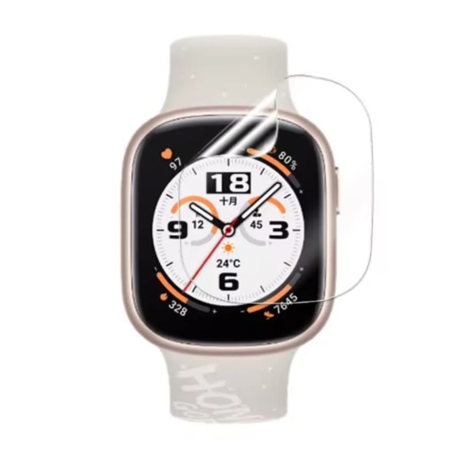 Hydrogel screen protector for Honor Watch 4, pack of 6, showing clear, flexible film protecting smartwatch screen from scratches.