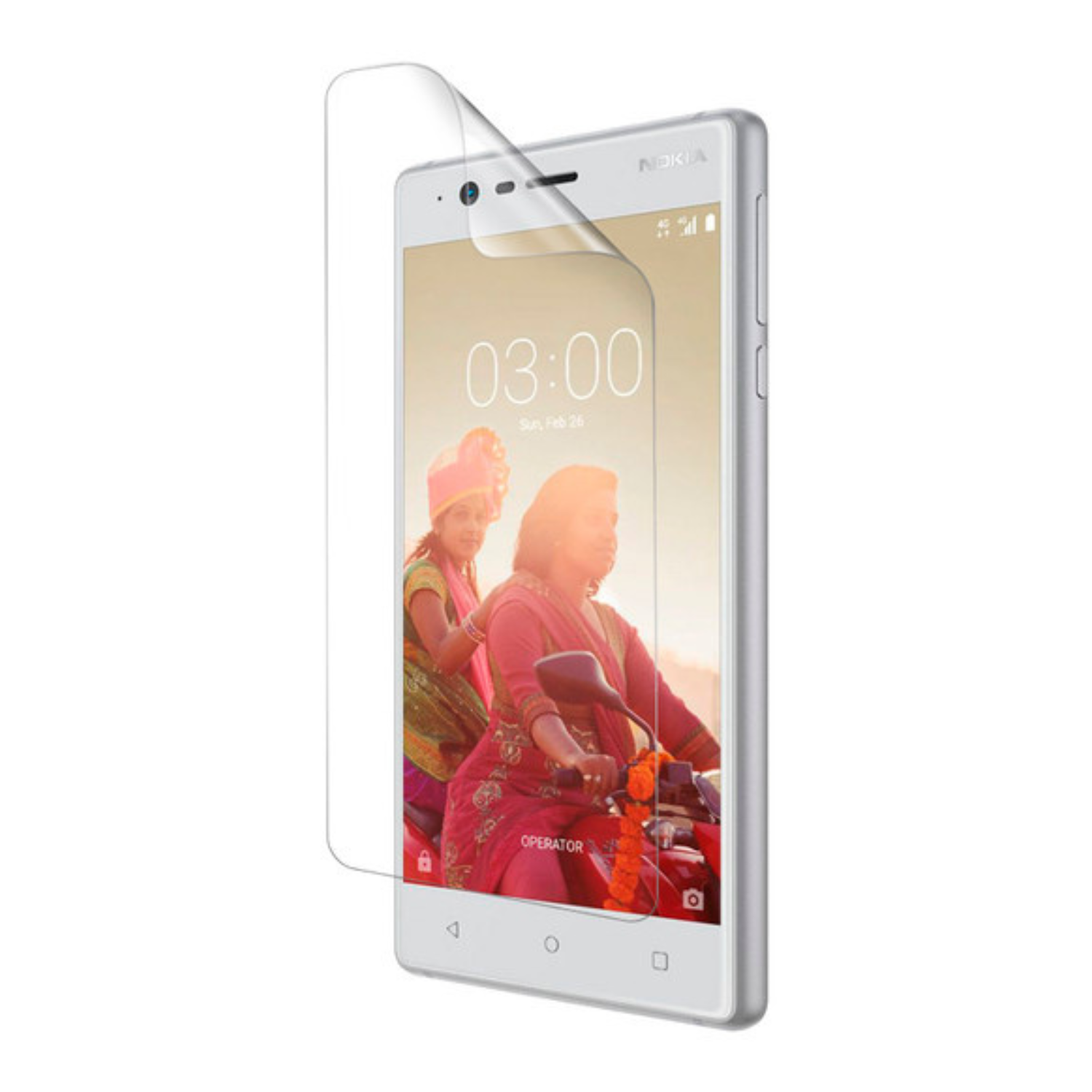 Hydrogel screen protector for Nokia 3 by 9eight5, showing a clear, flexible film covering the phone screen.