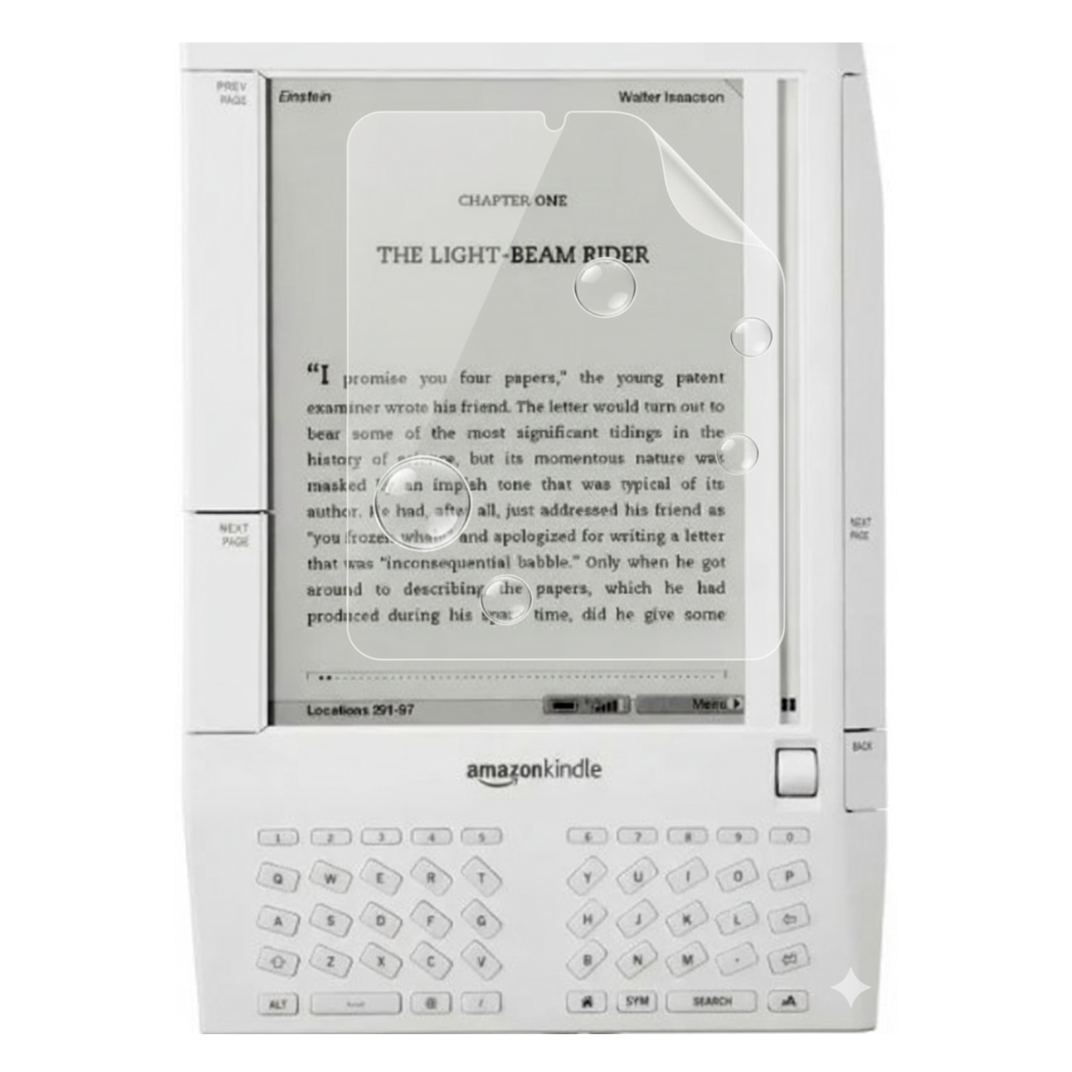 9eight5 hydrogel screen protector for Kindle 1st generation, showing clear, flexible film covering the device's screen.