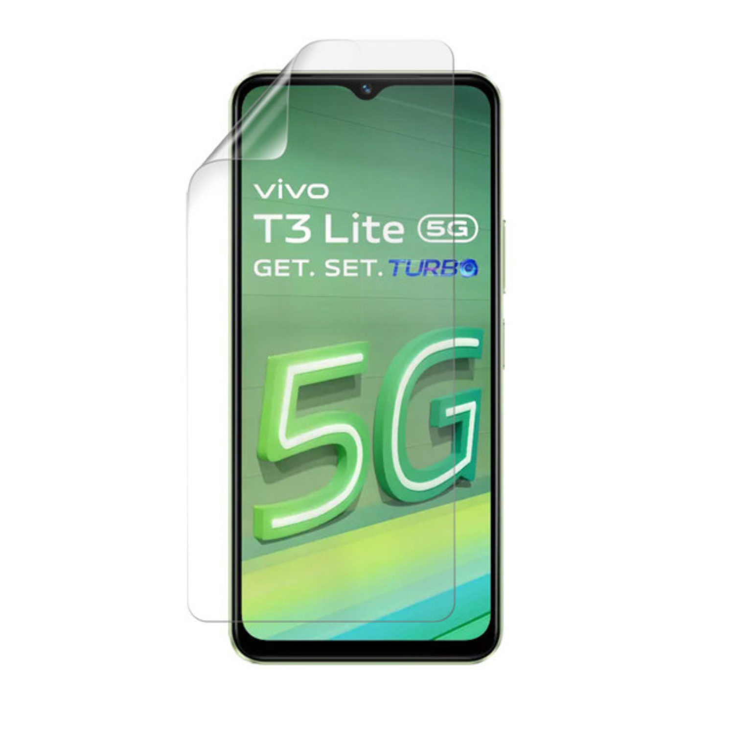 9eight5 hydrogel screen protector for Vivo T3 Lite, pack of 2, showing clear, flexible screen protection on a smartphone.