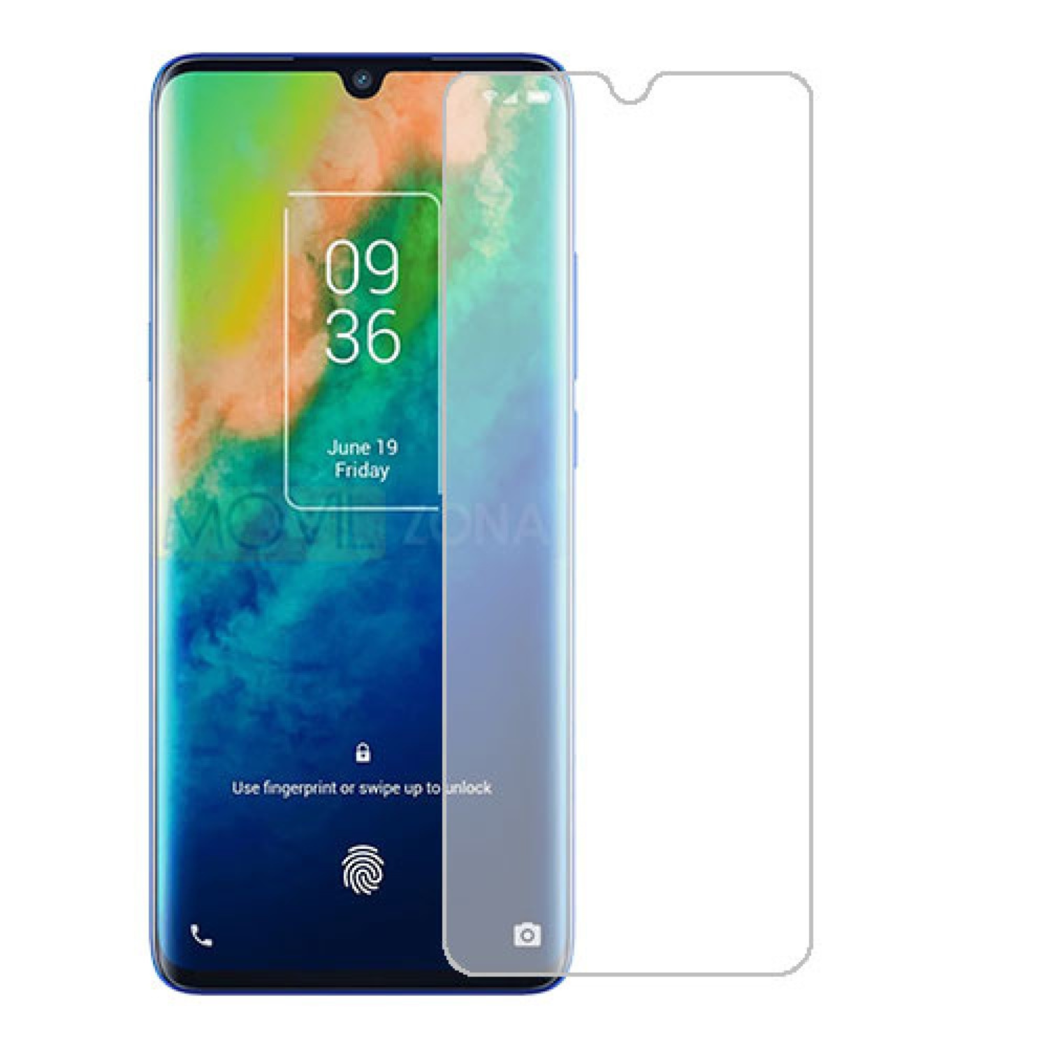 Hydrogel screen protector for TCL 10 Plus by 9eight5, showing a clear, flexible film covering the phone screen.