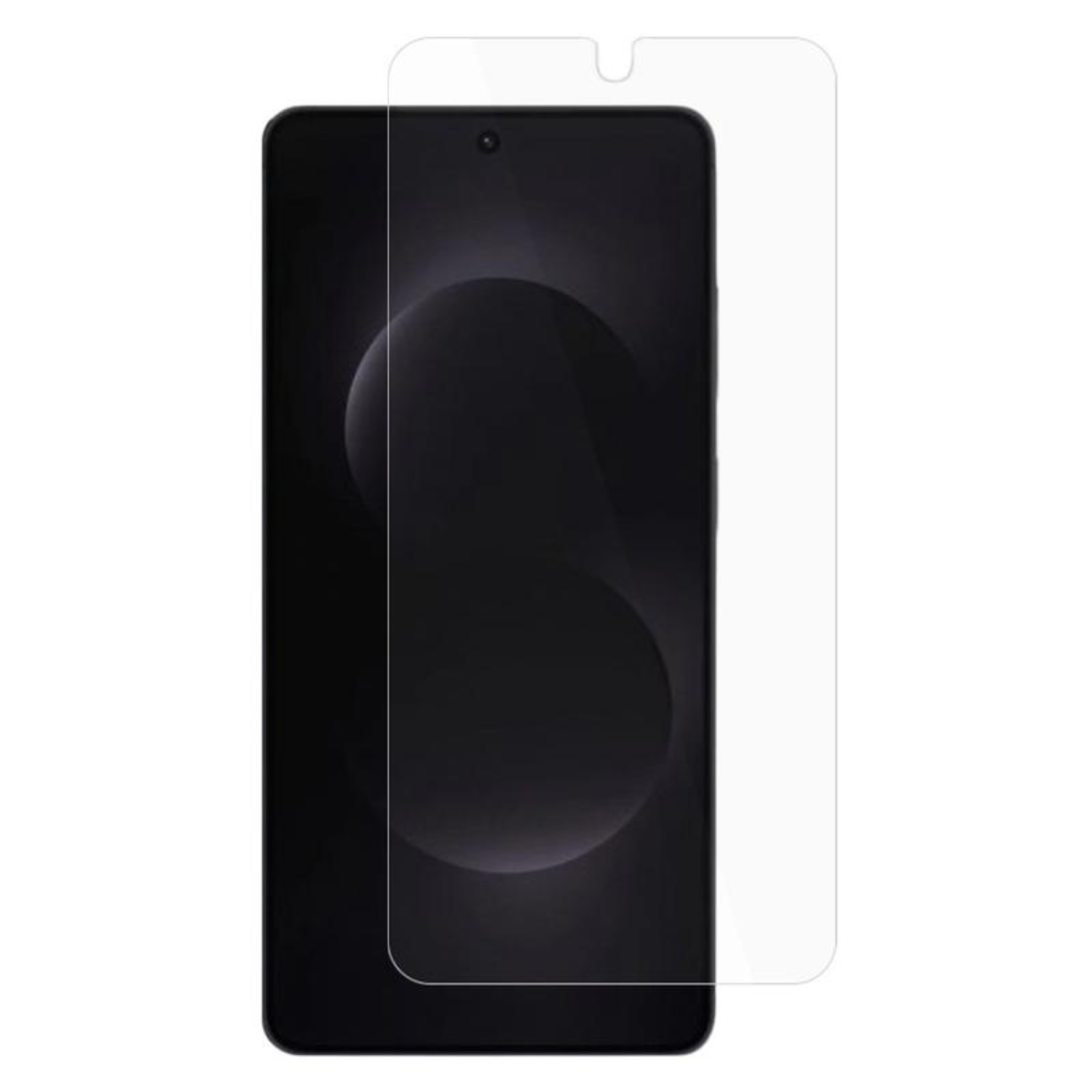 Clear glass screen protector for Samsung S26 by 9eight5, showing a close-up of the smooth, transparent surface on the device screen.