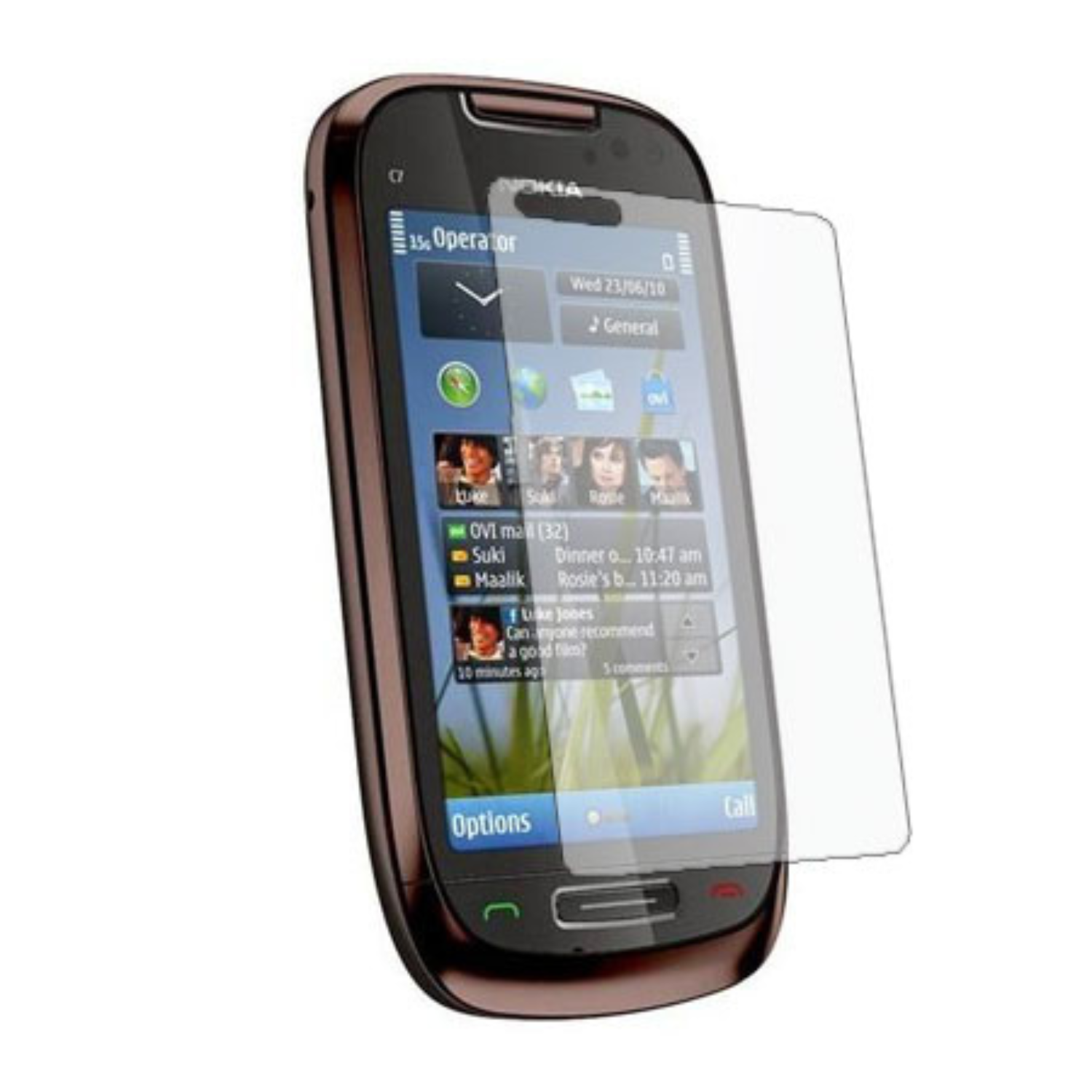 Two 9eight5 hydrogel screen protectors for Nokia C7, showing clear, flexible film designed to protect the phone screen.