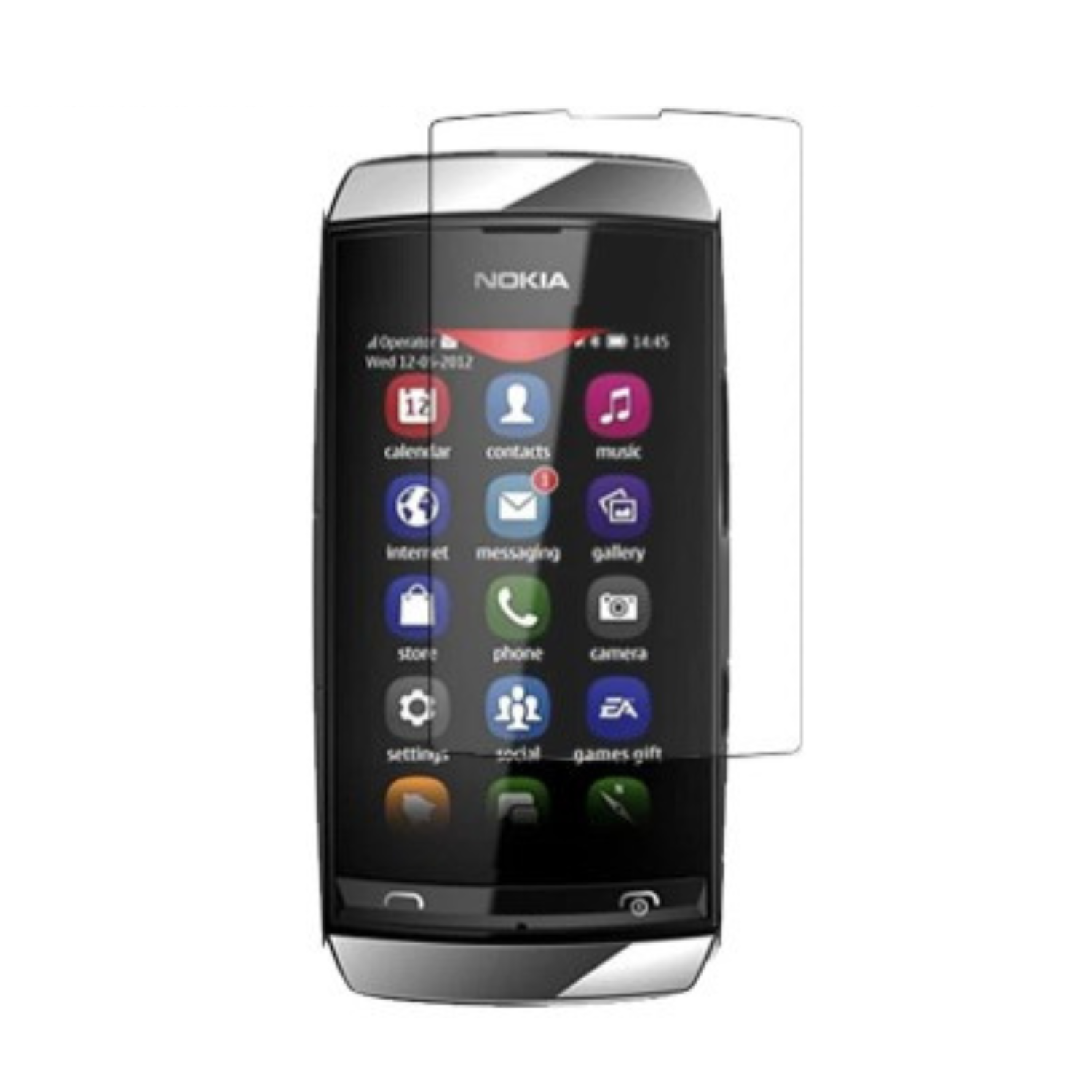 Hydrogel screen protector for Nokia Asha 309 by 9eight5, showing a clear, flexible film covering the phone screen.