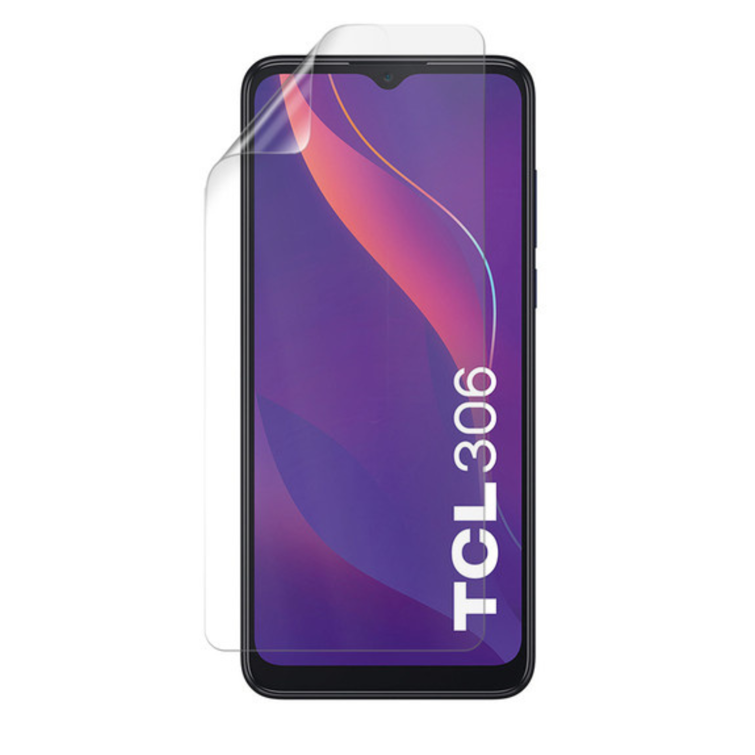 Clear hydrogel screen protector for TCL 306 by 9eight5, showing a close-up of the transparent, smooth protective film on the phone screen.