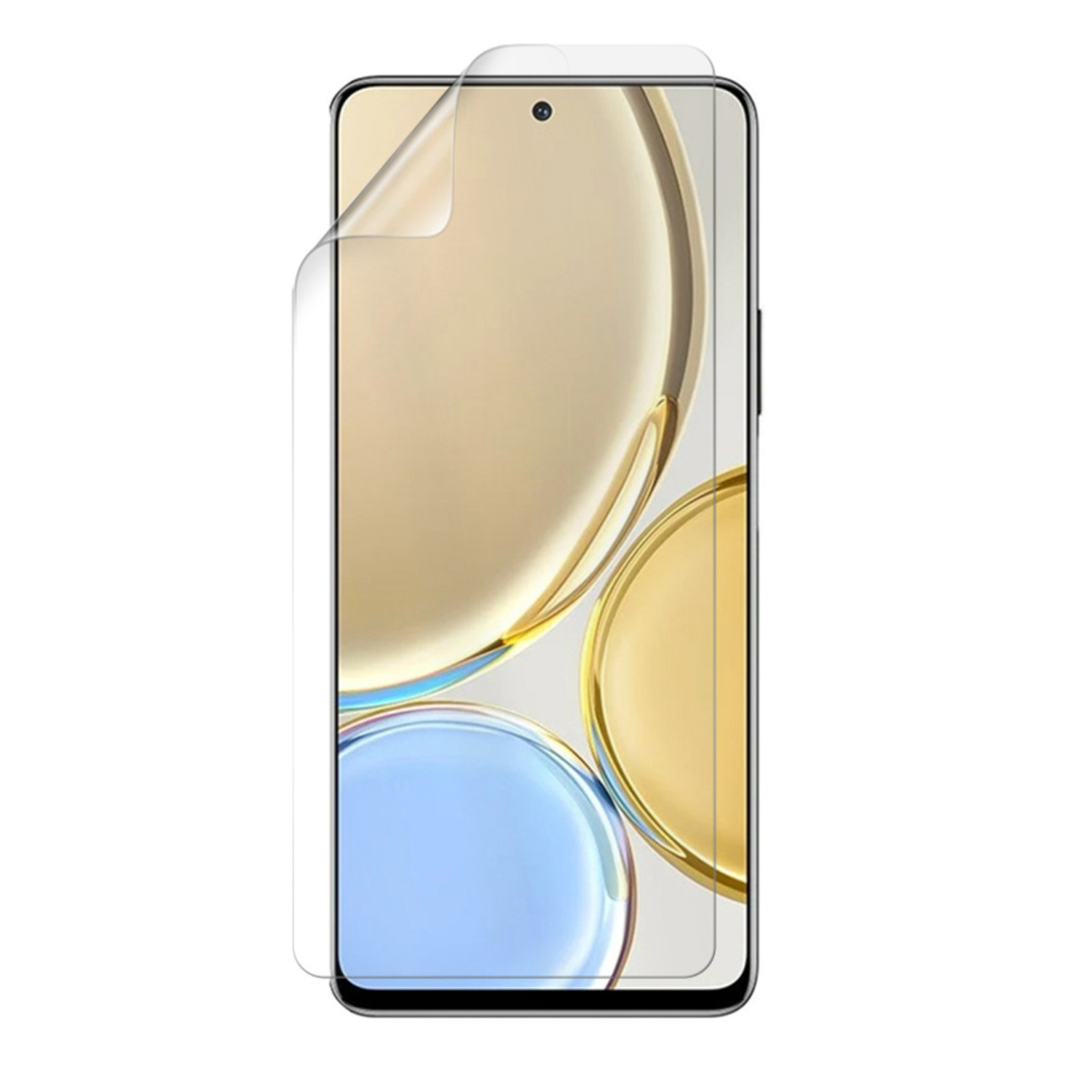 Hydrogel screen protector for Honor X30, transparent and flexible, showing fitting on the phone screen with cutouts for camera and sensors.