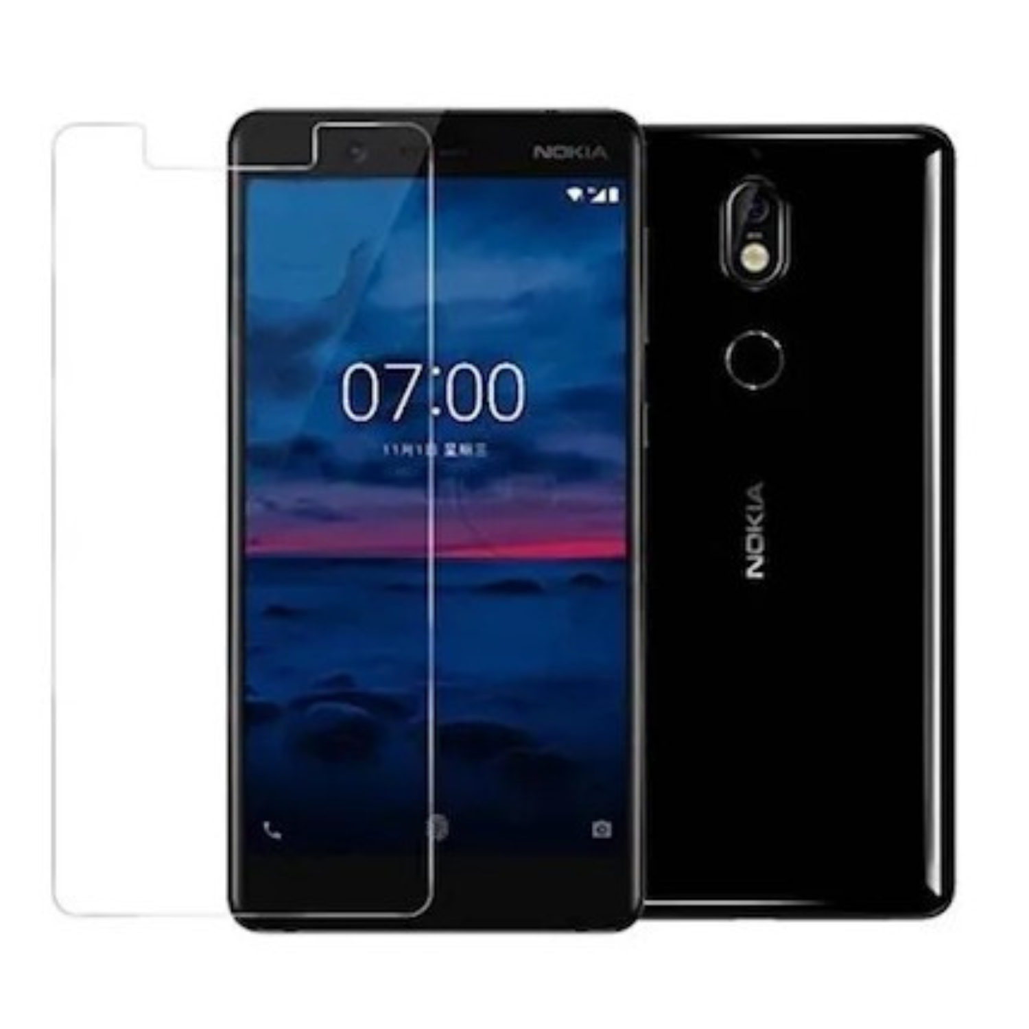 9eight5 Hydrogel screen protector for Nokia 7, clear and flexible, shown fitting over the phone screen in a close-up image.