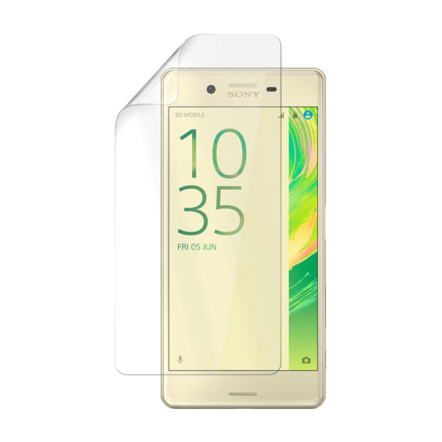 Clear Hydrogel Screen Protector for Sony Xperia X by 9eight5, showing a sleek, transparent protective layer on the phone screen.