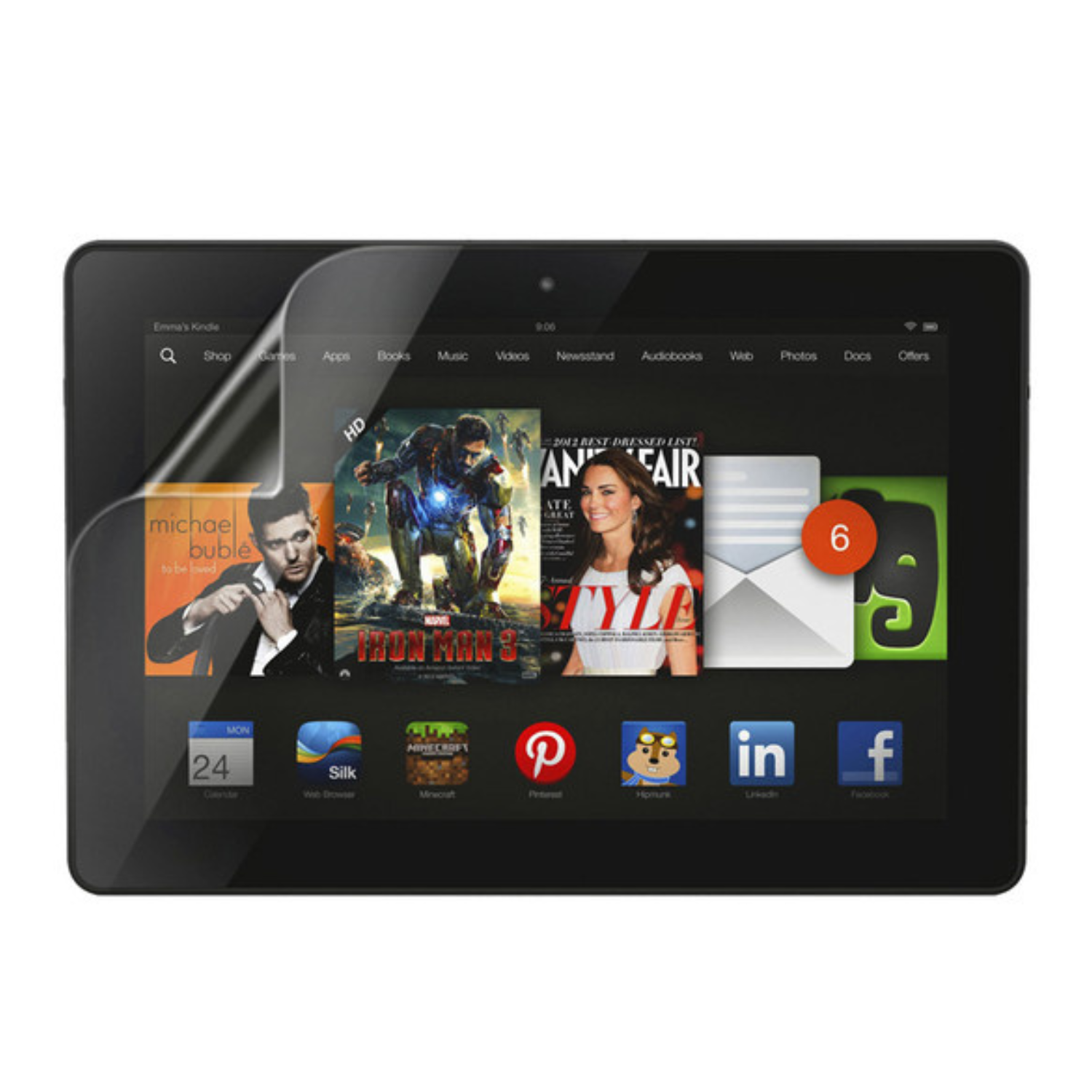 Two 9eight5 hydrogel screen protectors for Amazon Kindle Fire HDX 8.9 (3rd Gen), showing clear, flexible protectors in packaging.