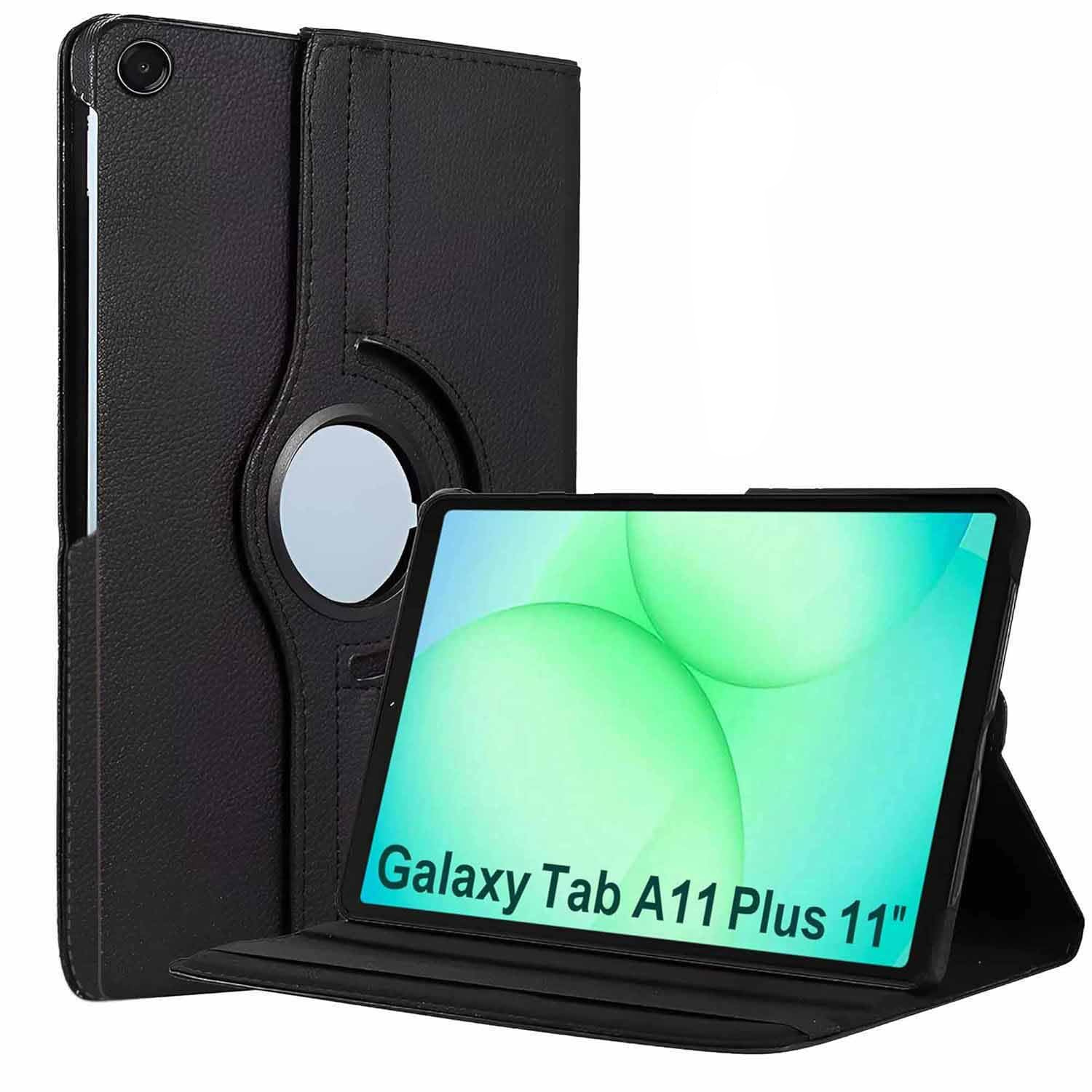 Black 9eight5 360 rotating case with screen protector for Samsung Galaxy Tab A11 Plus (X230/X236), showing the case's foldable stand feature.