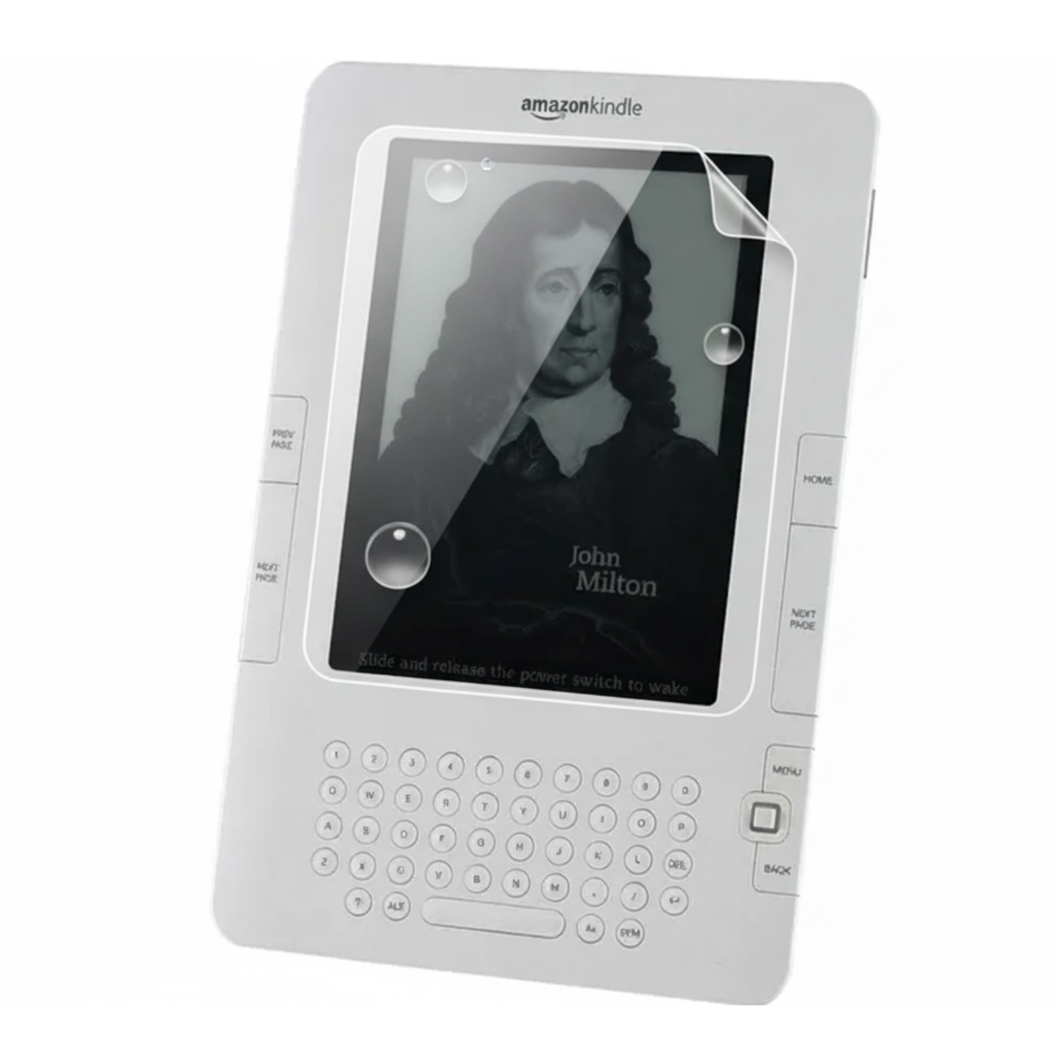 Two 9eight5 hydrogel screen protectors for Kindle 2 international e-reader, shown in clear packaging.