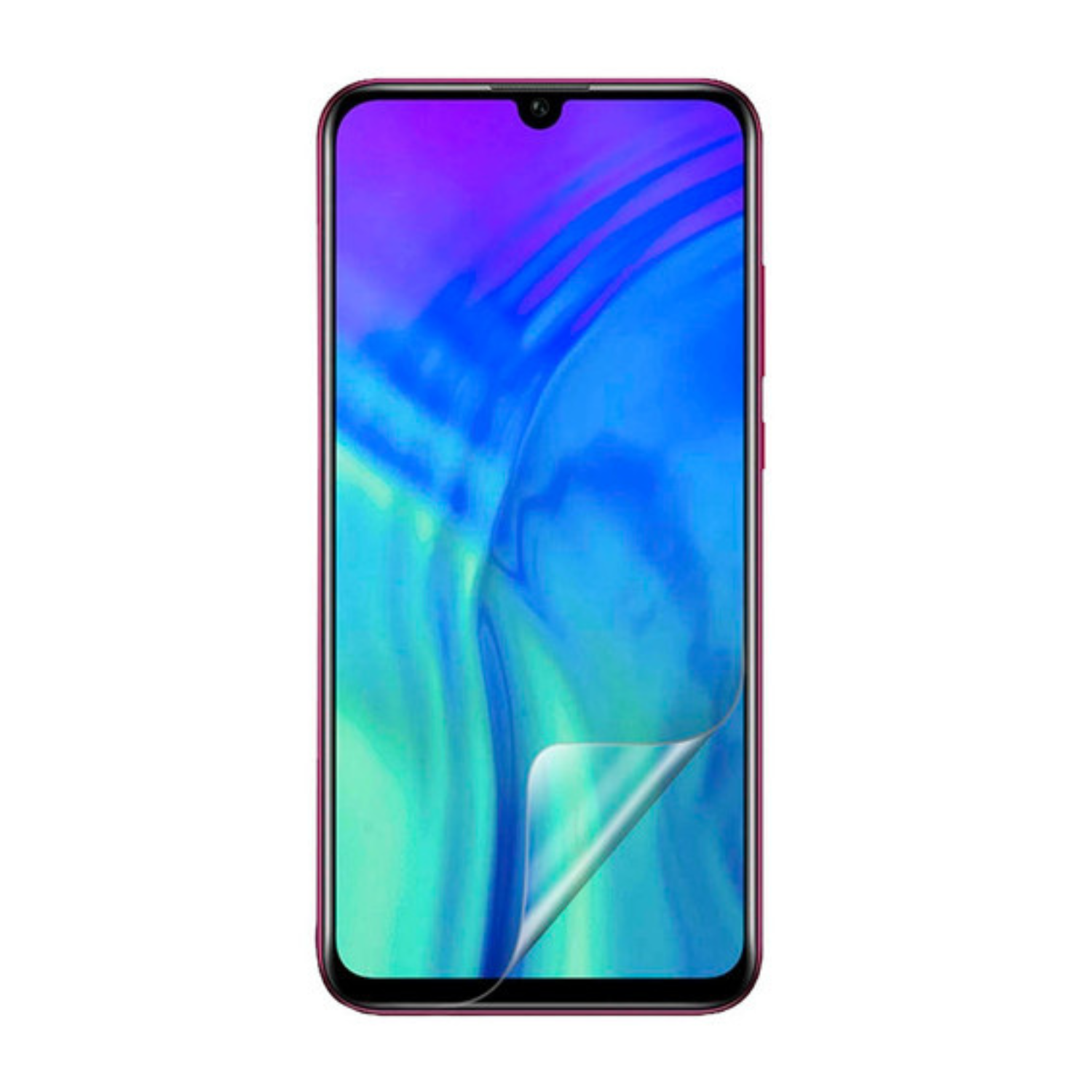 Transparent hydrogel screen protector for Honor 20 Lite smartphone, designed by 9eight5, showing a close-up of the clear film on the device.