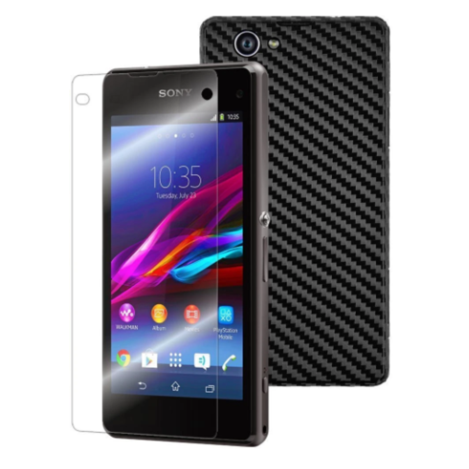 Set of two 9eight5 hydrogel screen protectors for Sony Xperia E1, showing clear, flexible protectors fitted on the phone screen.