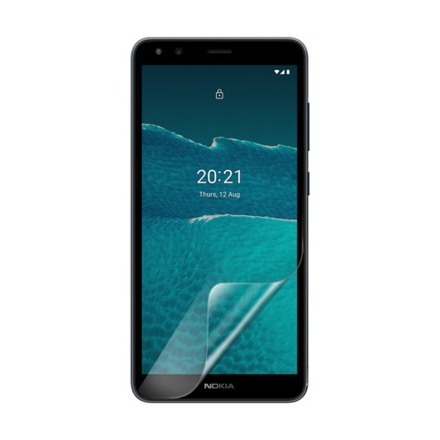 Clear Hydrogel screen protector for Nokia C1 by 9eight5, showing a close-up of the edge and transparent surface.