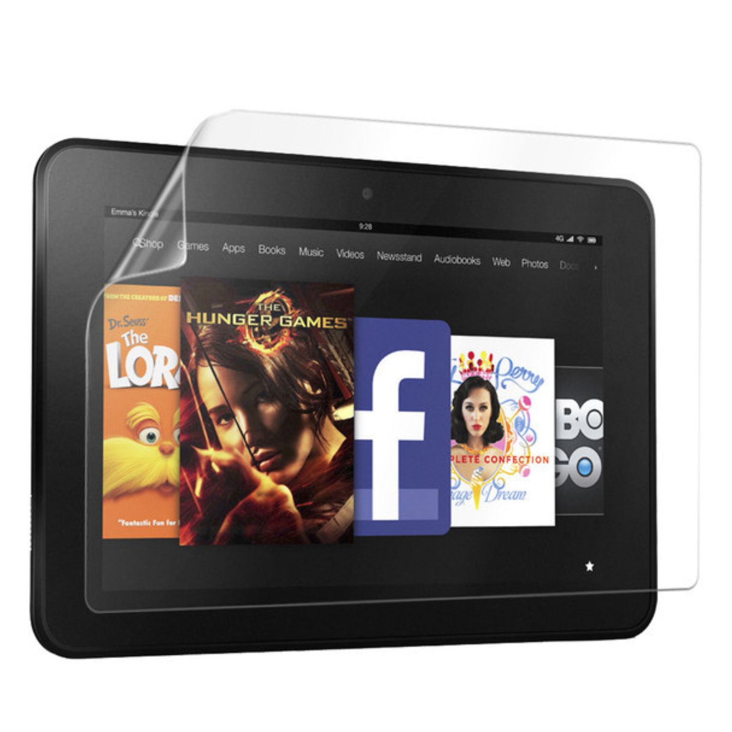 Hydrogel screen protector for Amazon Kindle Fire HD 8.9 (2nd Gen) with 9eight5 branding, showing a close-up of the protector on the device.