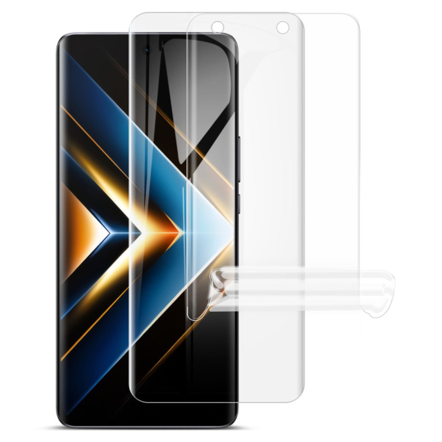 Two 9eight5 hydrogel screen protectors for Honor X50 GT smartphone, showing clear, thin protective film on device screen.