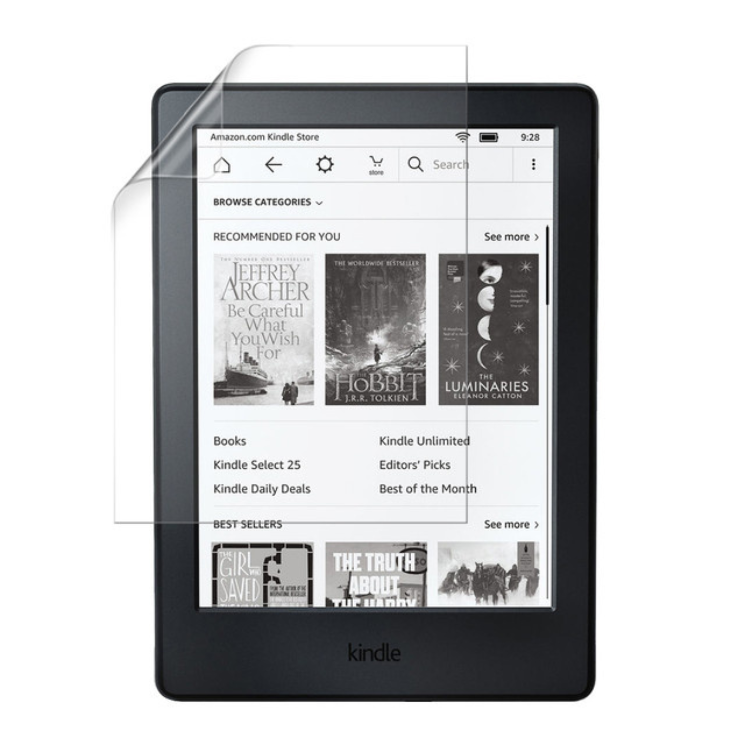 9eight5 Hydrogel Screen Protector for Kindle 8, showing clear, flexible film covering the device screen with precise edges.