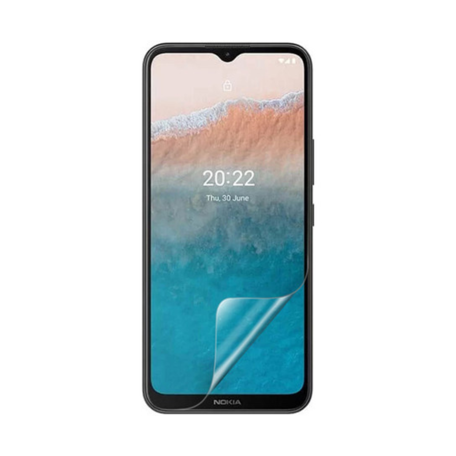 Clear Hydrogel Screen Protector for Nokia C21 Plus by 9eight5, showing a close-up of the transparent, flexible screen cover.