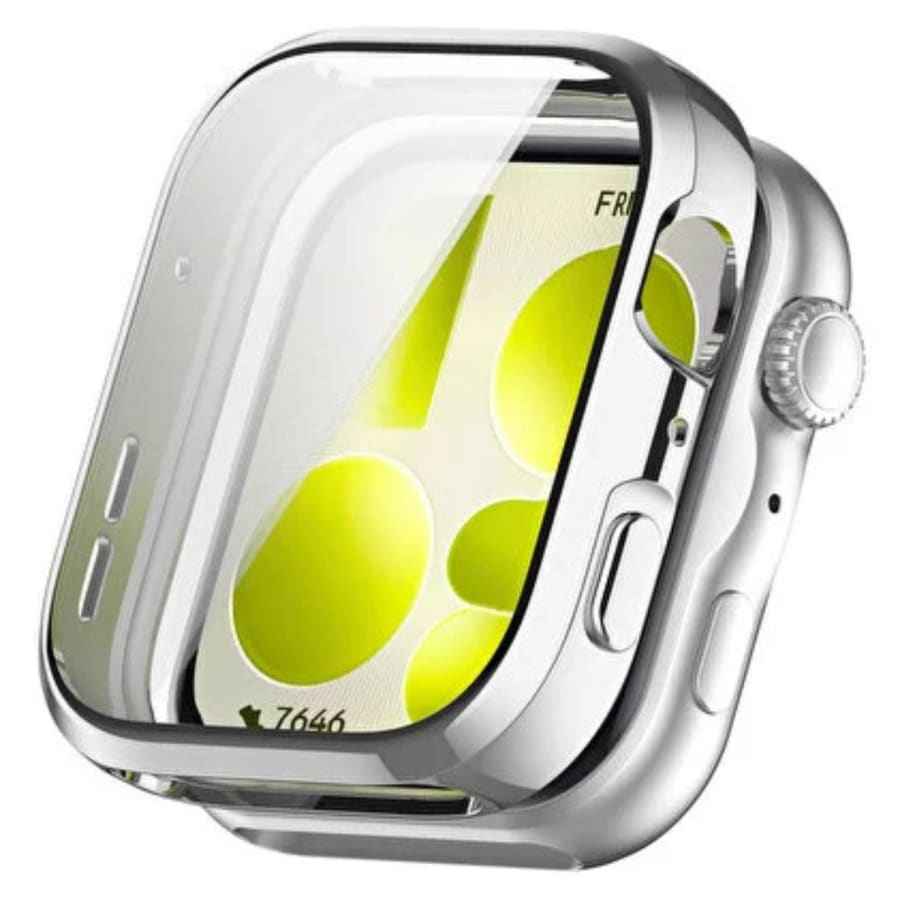 Silver protective case for Huawei Watch Fit 5 with screen protector, designed to safeguard the smartwatch.