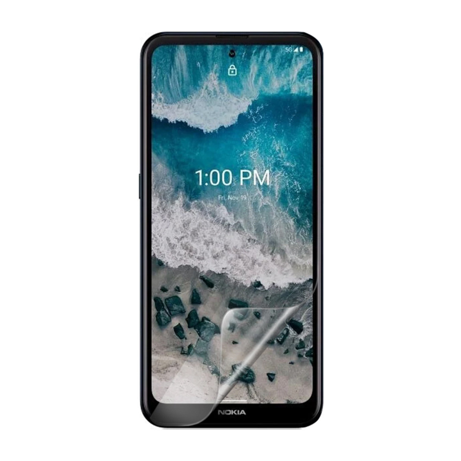 Nokia X100 Hydrogel Screen Protector by 9eight5, showing clear, flexible film covering the phone screen for protection and clarity.