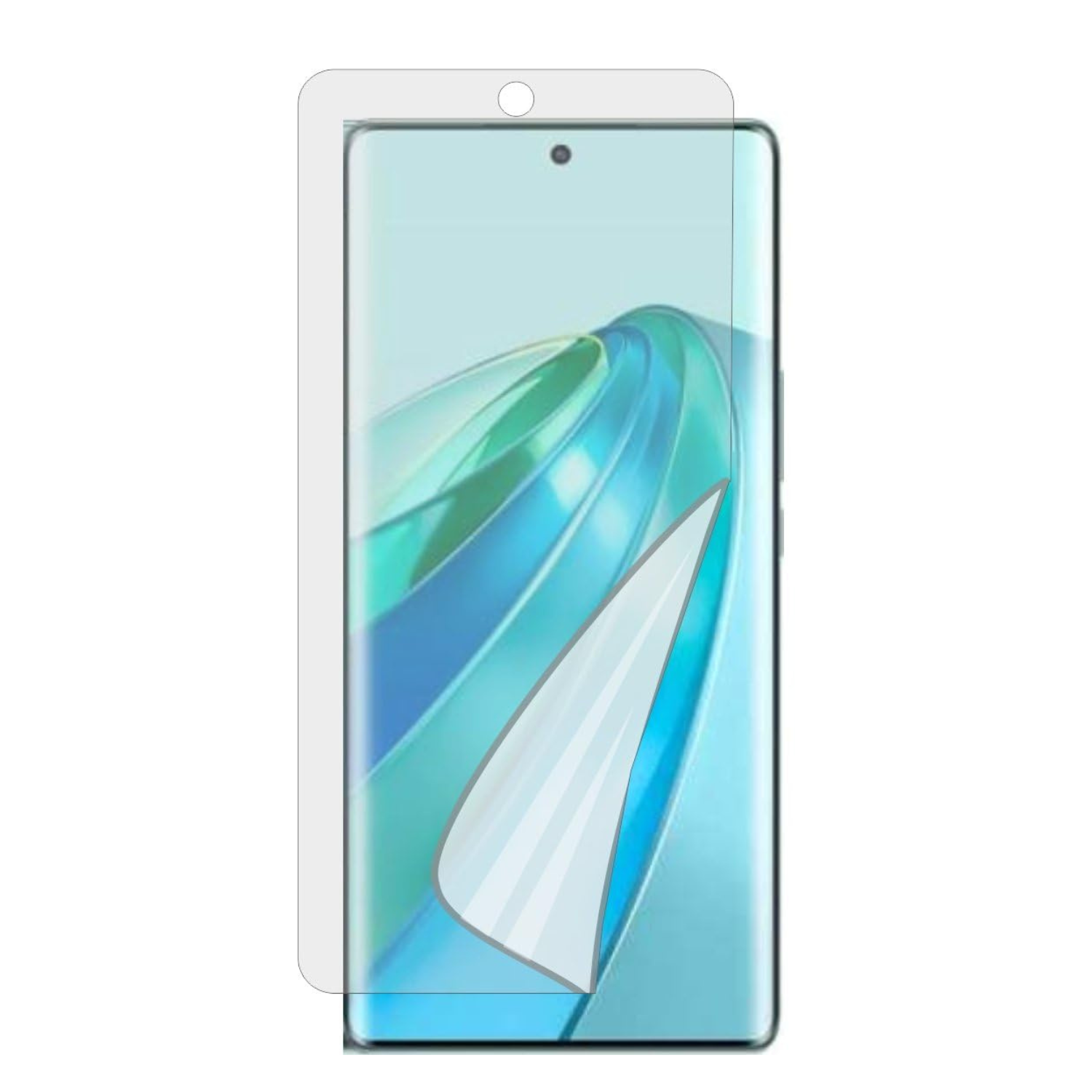 Hydrogel screen protector for Honor X9a by 9eight5, shown installed on phone screen, in a pack of two for full device protection.