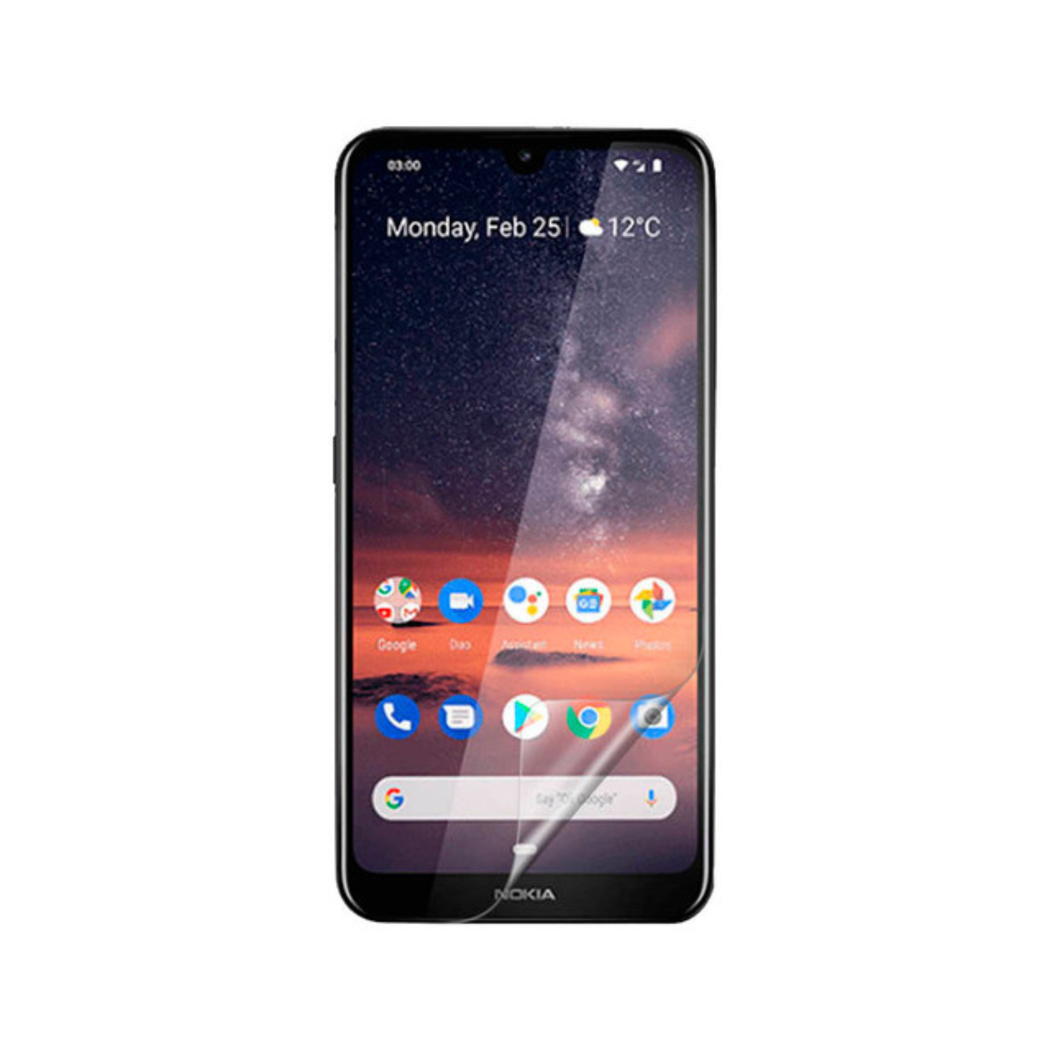 9eight5 Hydrogel screen protector for Nokia 3.2, showing a clear, flexible shield fitting over the phone screen.