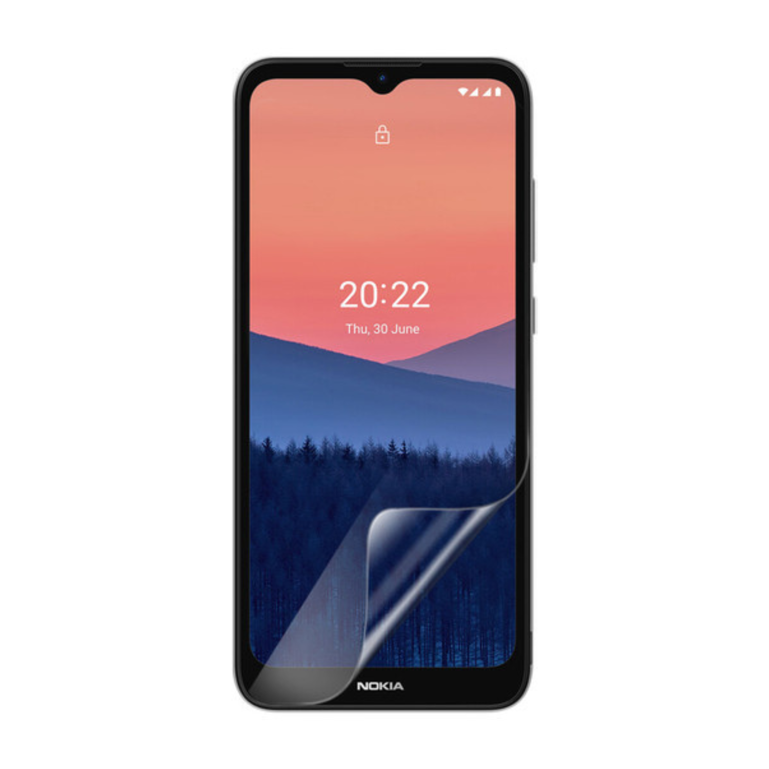 Two 9eight5 hydrogel screen protectors for Nokia C21, clear and flexible protective films shown on a smartphone screen.